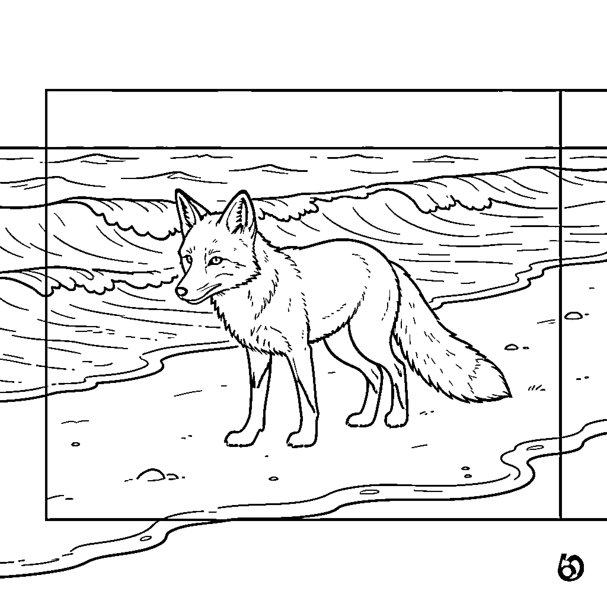 Fox standing calmly on a sandy beach Coloring Page (free black-and-white line drawing printable PDF for all, from beginners to advanced learners, including children, teens, adults, and seniors)