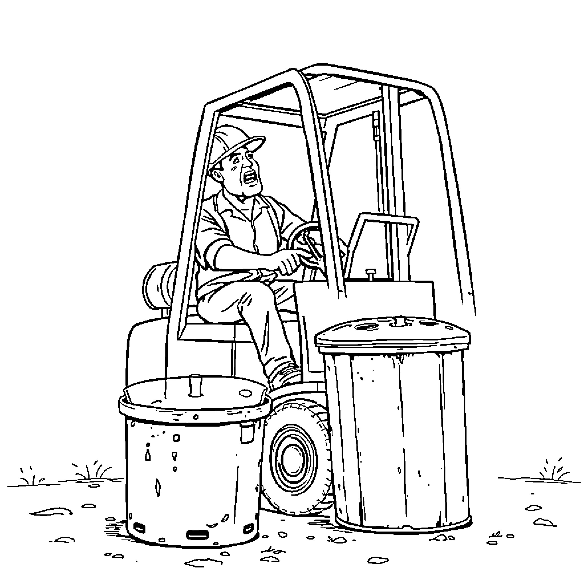 Man operating forklift in work setting Coloring Page (free black-and-white line drawing printable PDF for all, from beginners to advanced learners, including children, teens, adults, and seniors)
