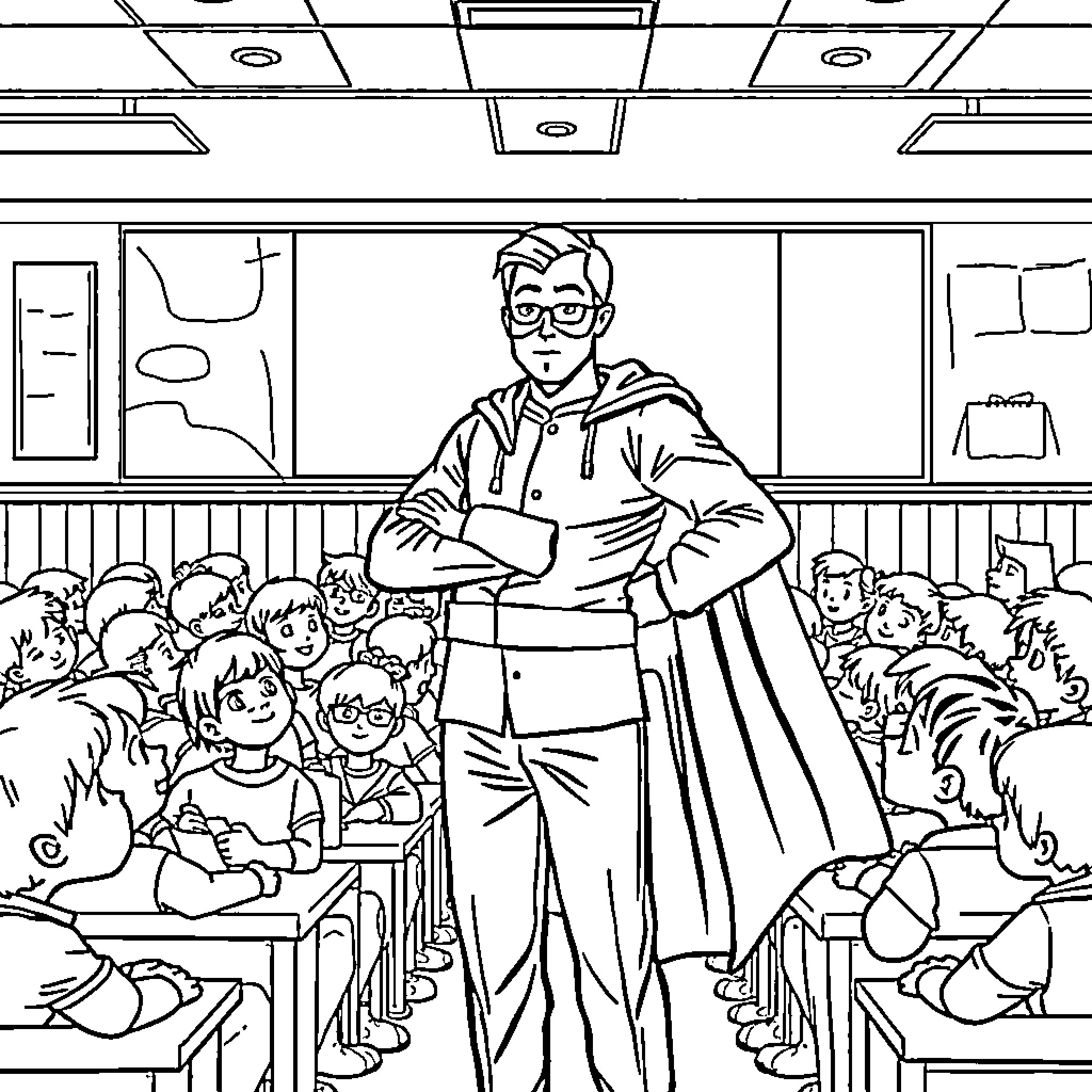 Teacher leading attentive students in the classroom Coloring Page (free black-and-white line drawing printable PDF for all, from beginners to advanced learners, including children, teens, adults, and seniors)