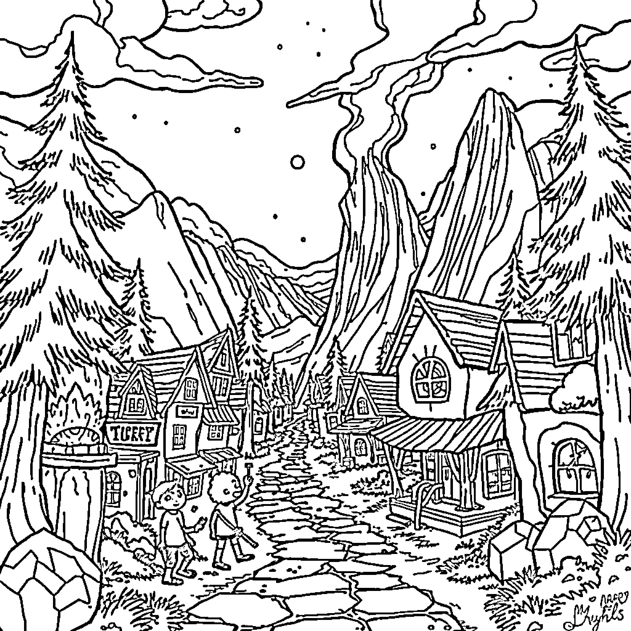 Gravity Falls: Mysterious forest scene with characters Coloring Page (free black-and-white line drawing printable PDF for all, from beginners to advanced learners, including children, teens, adults, and seniors)