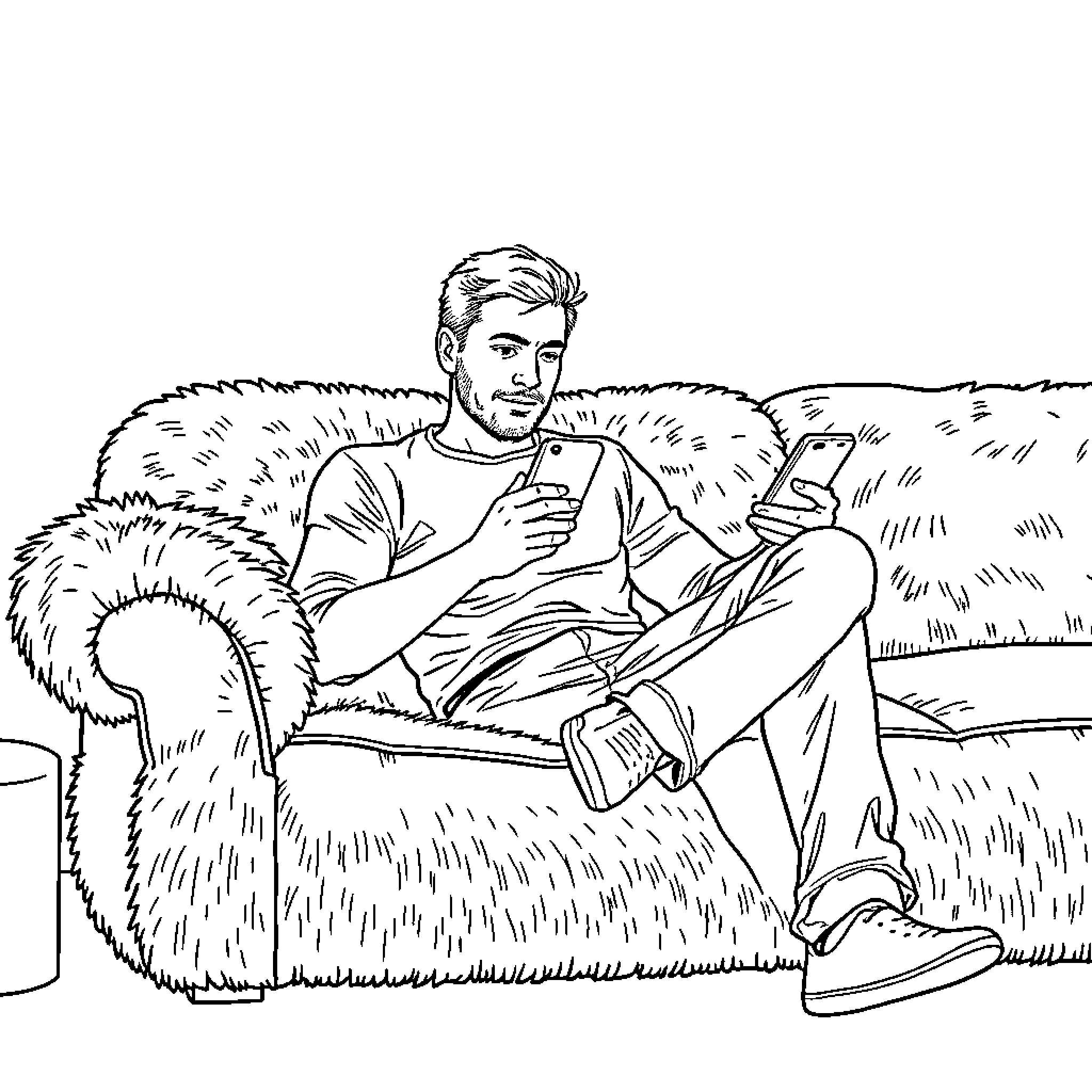 Man relaxing and using smartphone outdoors Coloring Page (free black-and-white line drawing printable PDF for all, from beginners to advanced learners, including children, teens, adults, and seniors)