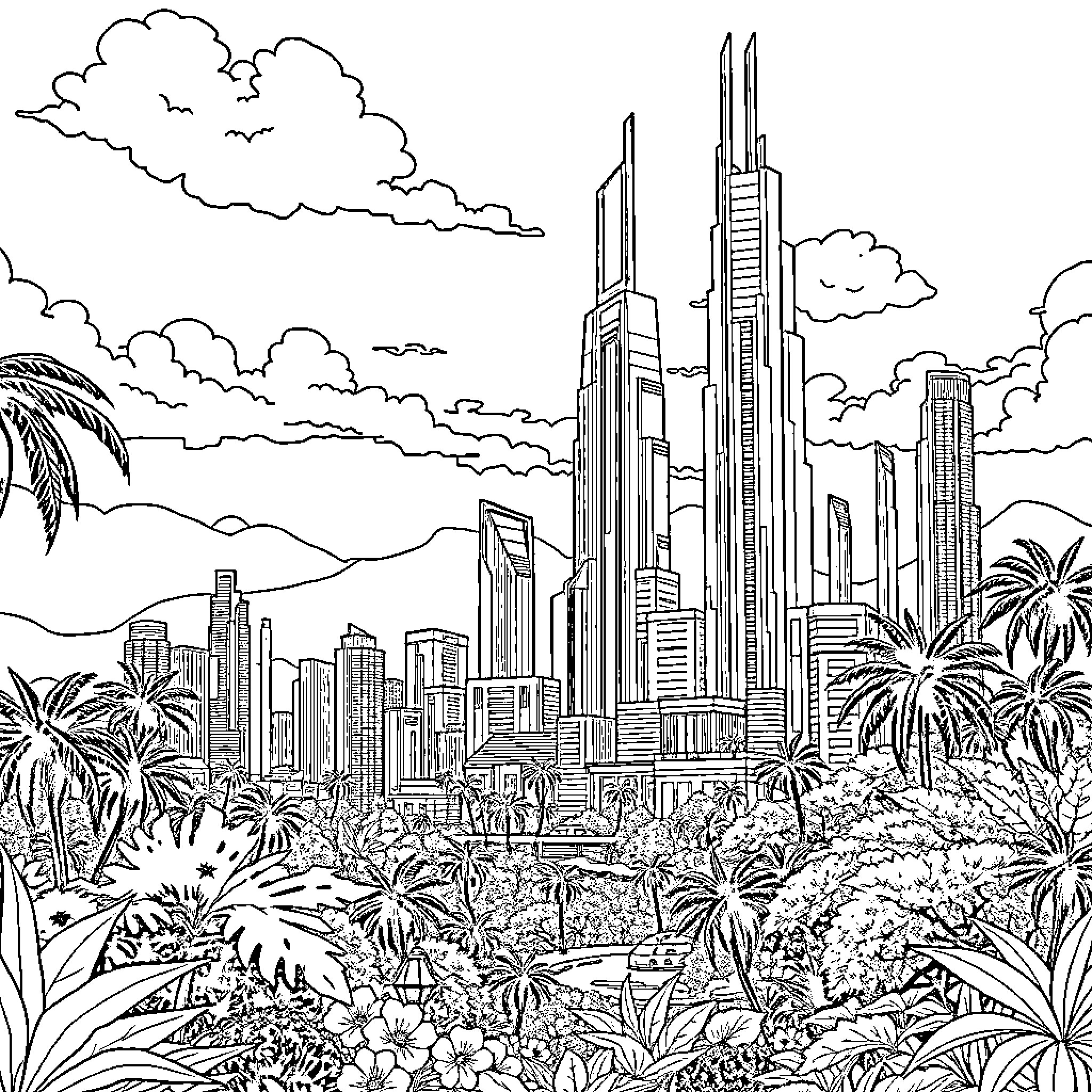 Wakanda futuristic cityscape with palm trees Coloring Page (free black-and-white line drawing printable PDF for all, from beginners to advanced learners, including children, teens, adults, and seniors)