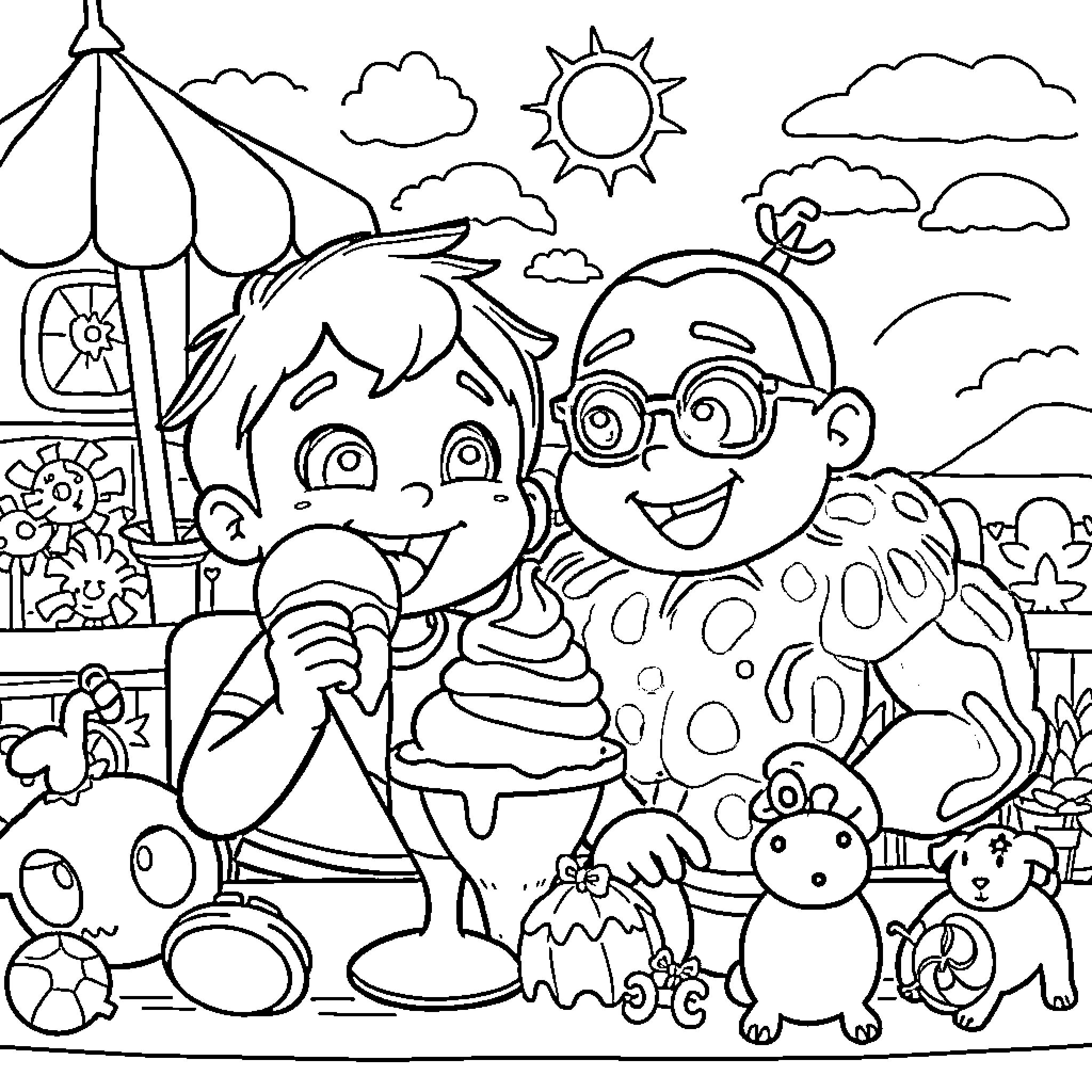 JJ Children Enjoying Carnival at Sunny Fairground Coloring Page (free black-and-white line drawing printable PDF for all, from beginners to advanced learners, including children, teens, adults, and seniors)