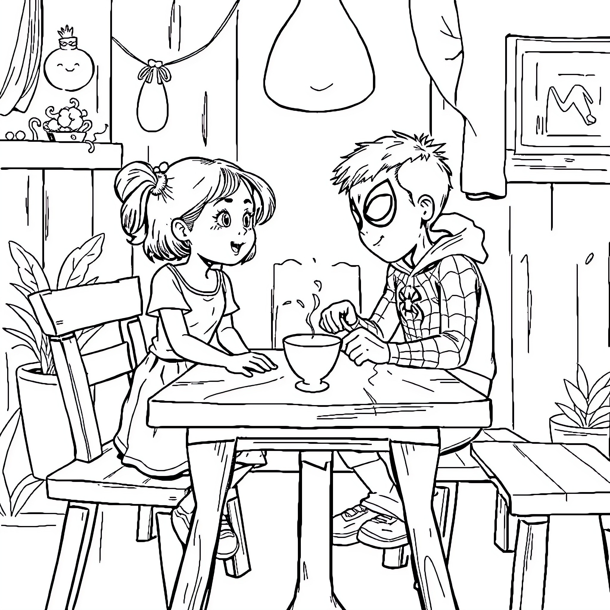Spiderman and friend enjoying a cozy cafe moment Coloring Page (free black-and-white line drawing printable PDF for all, from beginners to advanced learners, including children, teens, adults, and seniors)