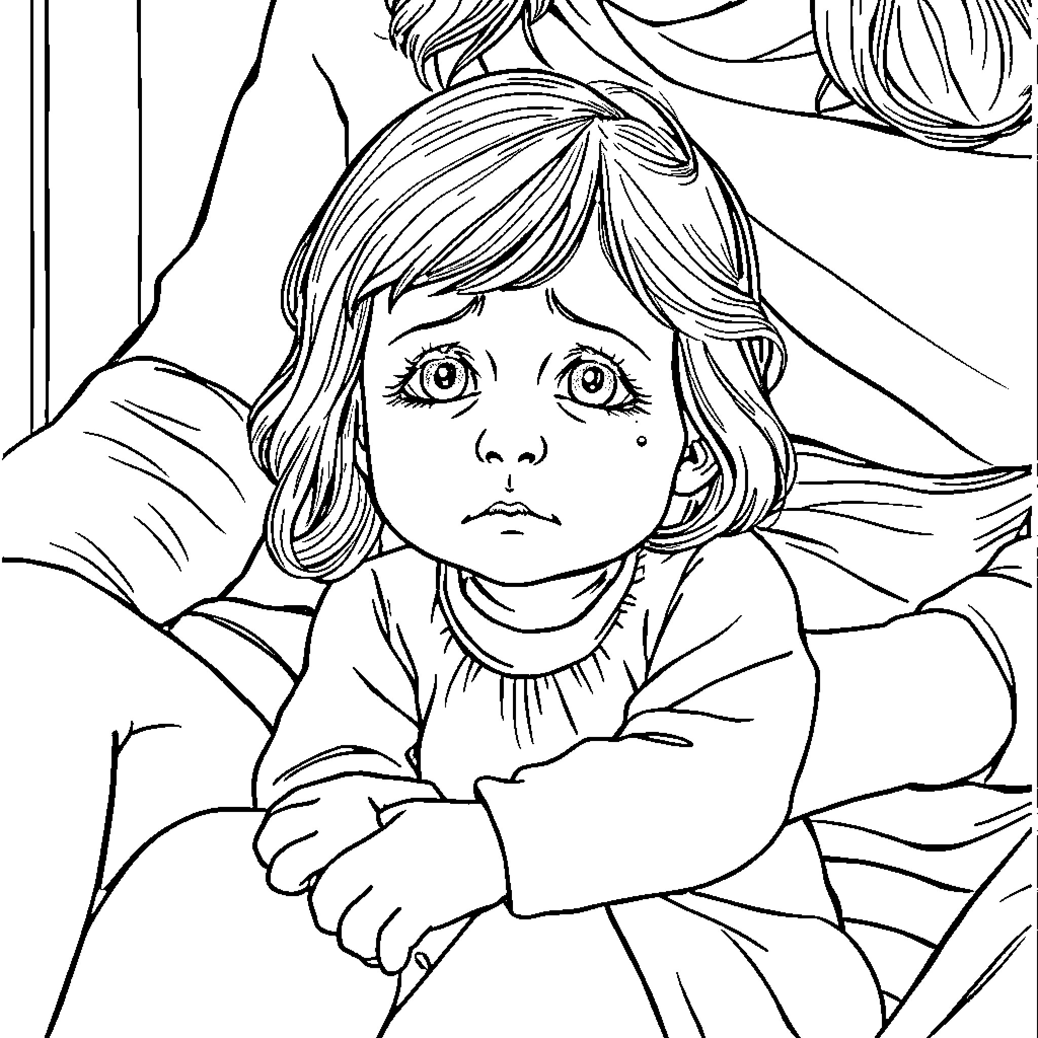 Girl sitting alone with a worried expression Coloring Page (free black-and-white line drawing printable PDF for all, from beginners to advanced learners, including children, teens, adults, and seniors)