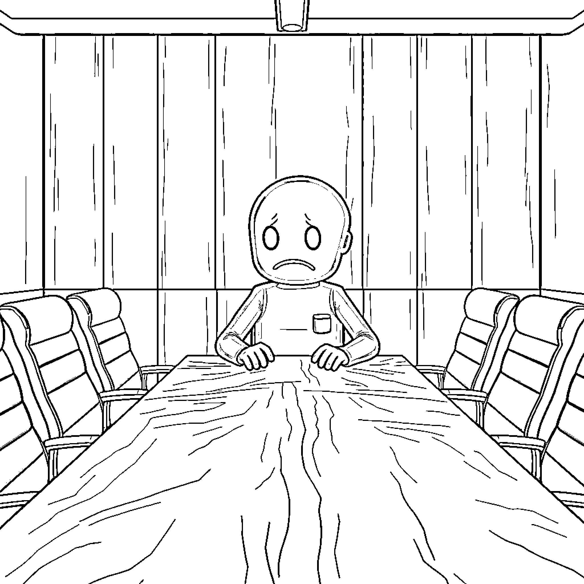 Bubblegum Man sitting alone in a room Coloring Page (free black-and-white line drawing printable PDF for all, from beginners to advanced learners, including children, teens, adults, and seniors)