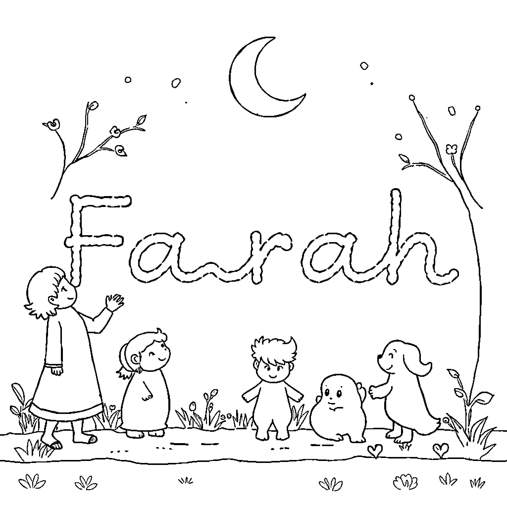 Farah's Nighttime Stroll with Whimsical Friends Coloring Page (free black-and-white line drawing printable PDF for all, from beginners to advanced learners, including children, teens, adults, and seniors)