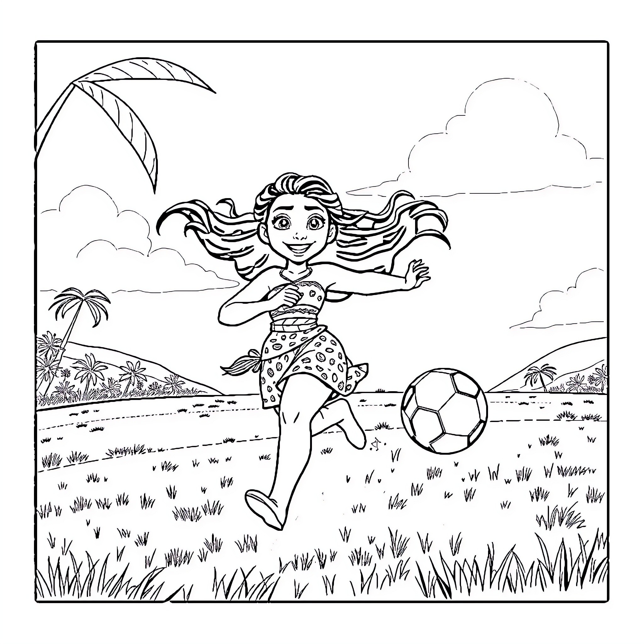 Moana playing with a soccer ball on a tropical beach Coloring Page (free black-and-white line drawing printable PDF for all, from beginners to advanced learners, including children, teens, adults, and seniors)