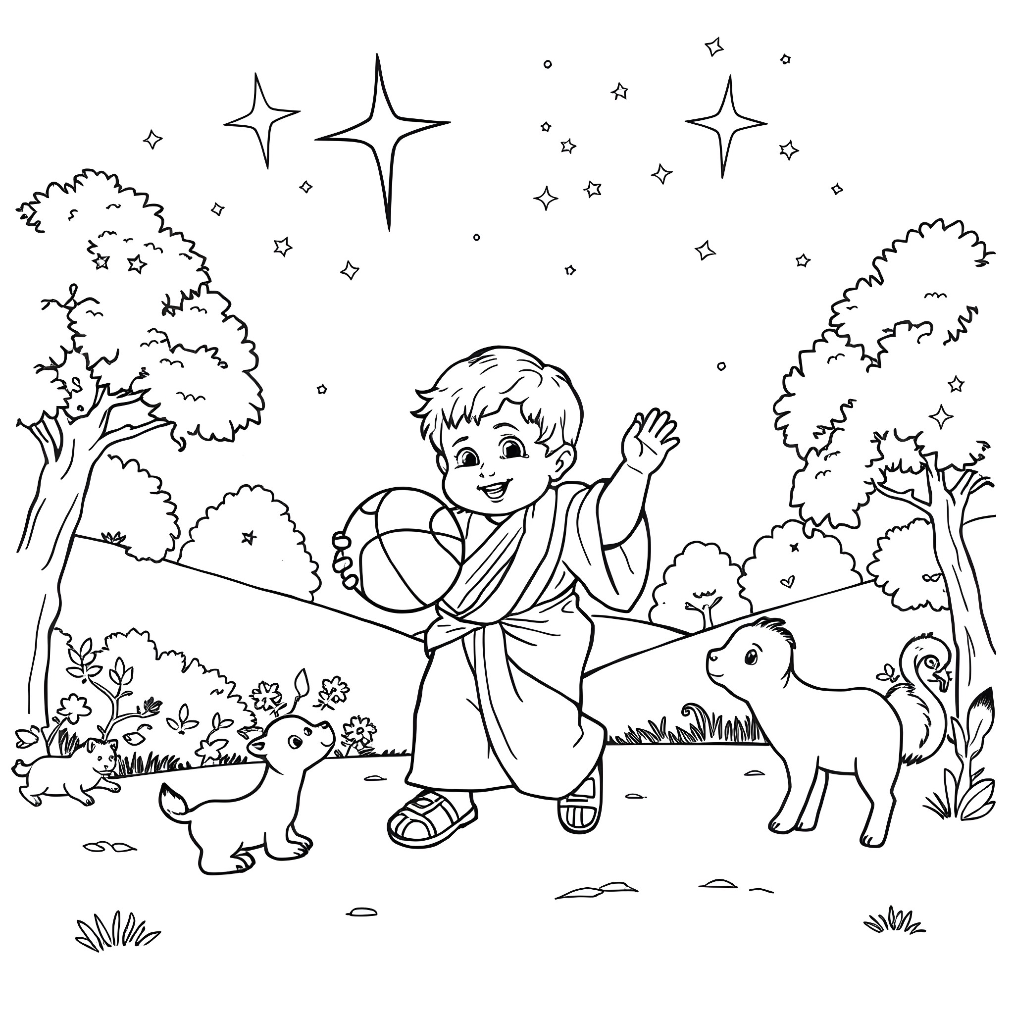 Baby Jesus playing happily with animals in the garden Coloring Page (free black-and-white line drawing printable PDF for all, from beginners to advanced learners, including children, teens, adults, and seniors)