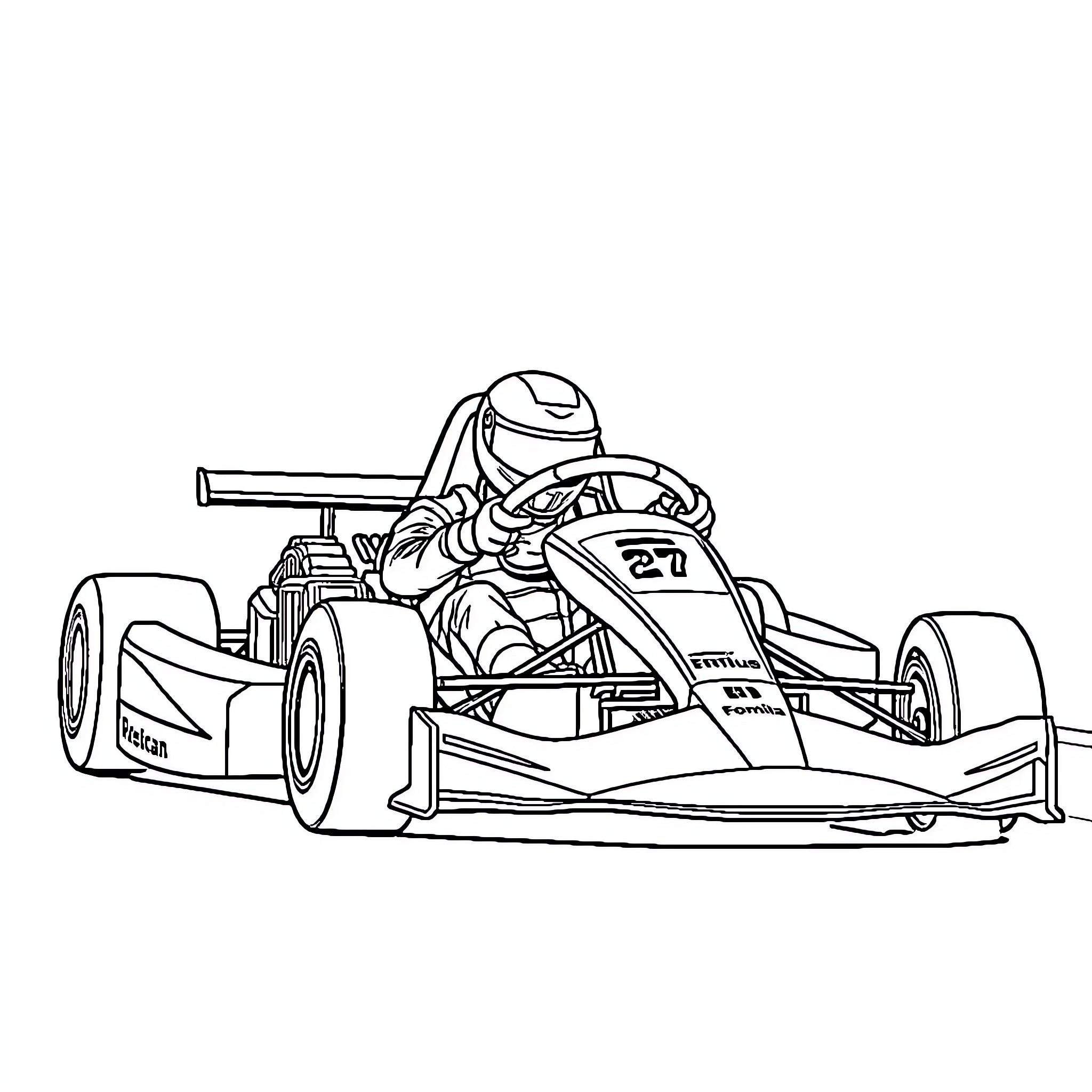 Formula 1 race car with driver in action Coloring Page (free black-and-white line drawing printable PDF for all, from beginners to advanced learners, including children, teens, adults, and seniors)