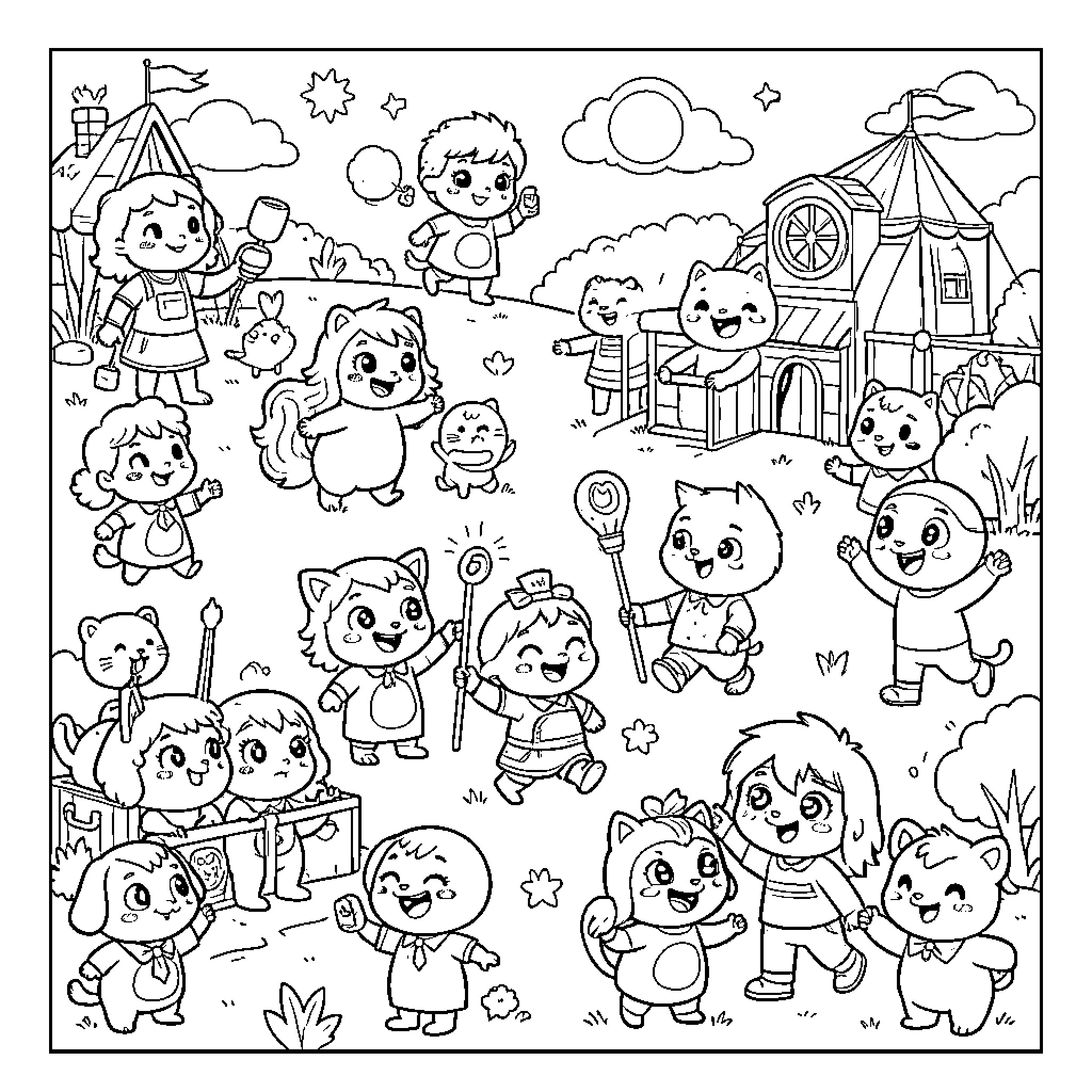 Cartoon Characters Playing at the Carnival Coloring Page (free black-and-white line drawing printable PDF for all, from beginners to advanced learners, including children, teens, adults, and seniors)