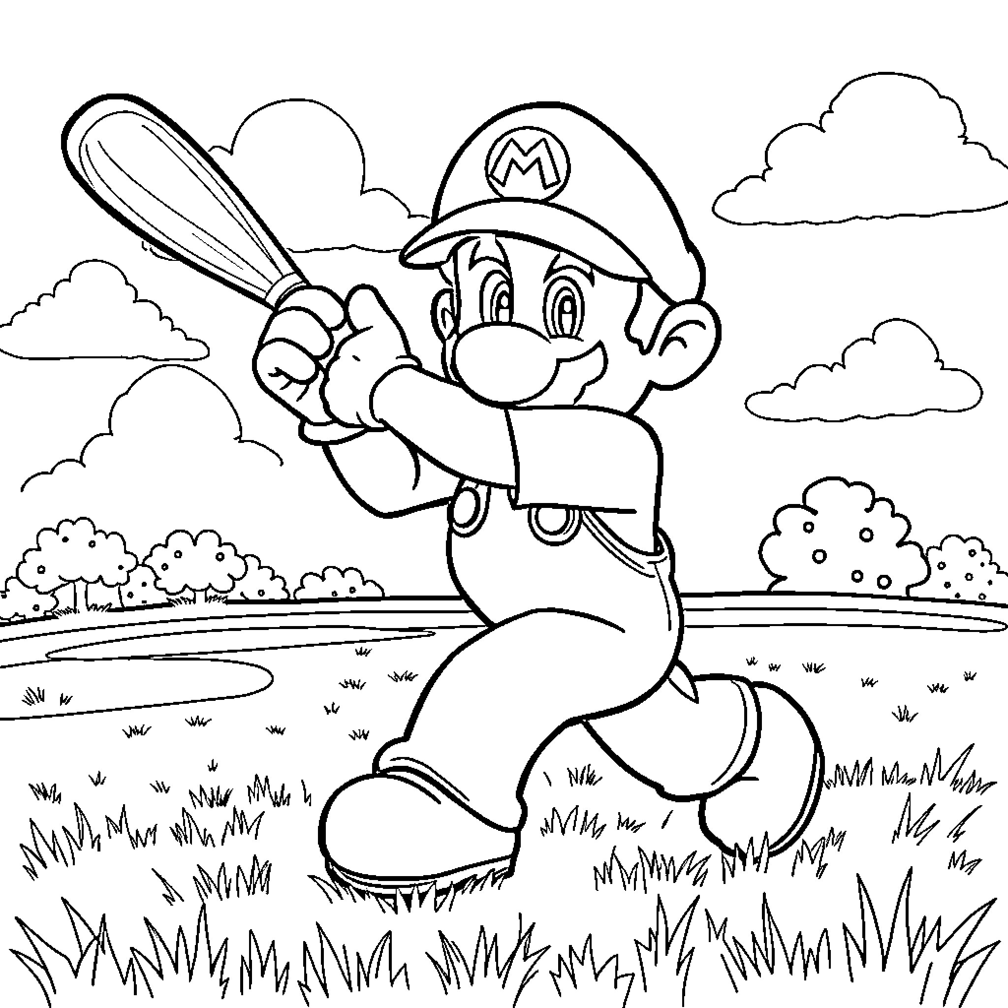 Mario jumping excitedly in a grassy field Coloring Page (free black-and-white line drawing printable PDF for all, from beginners to advanced learners, including children, teens, adults, and seniors)