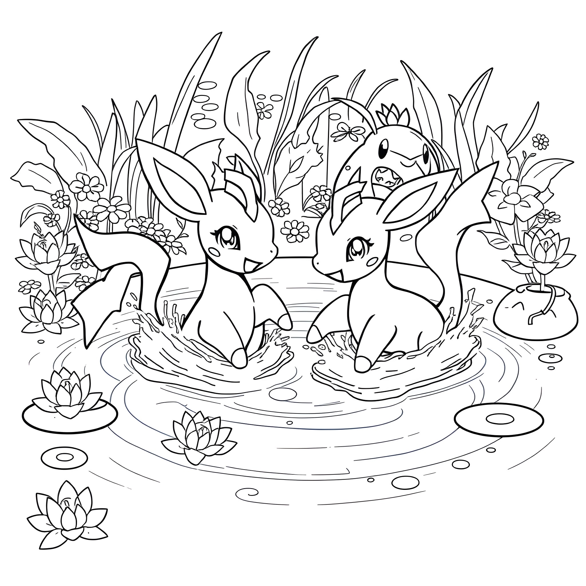 Vaporeon playing in a magical nature scene Coloring Page (free black-and-white line drawing printable PDF for all, from beginners to advanced learners, including children, teens, adults, and seniors)