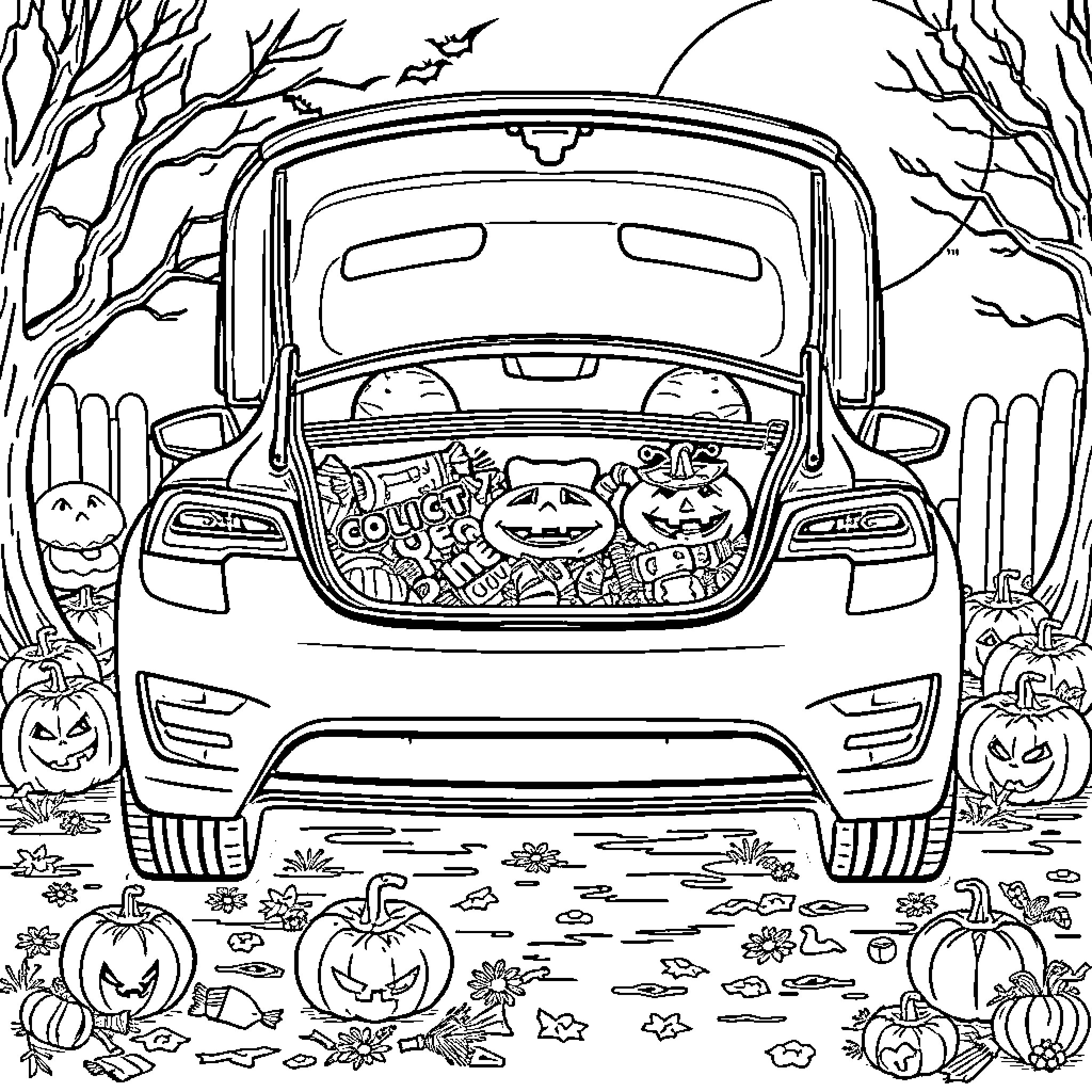 Tesla car filled with Halloween decorations and characters Coloring Page (free black-and-white line drawing printable PDF for all, from beginners to advanced learners, including children, teens, adults, and seniors)