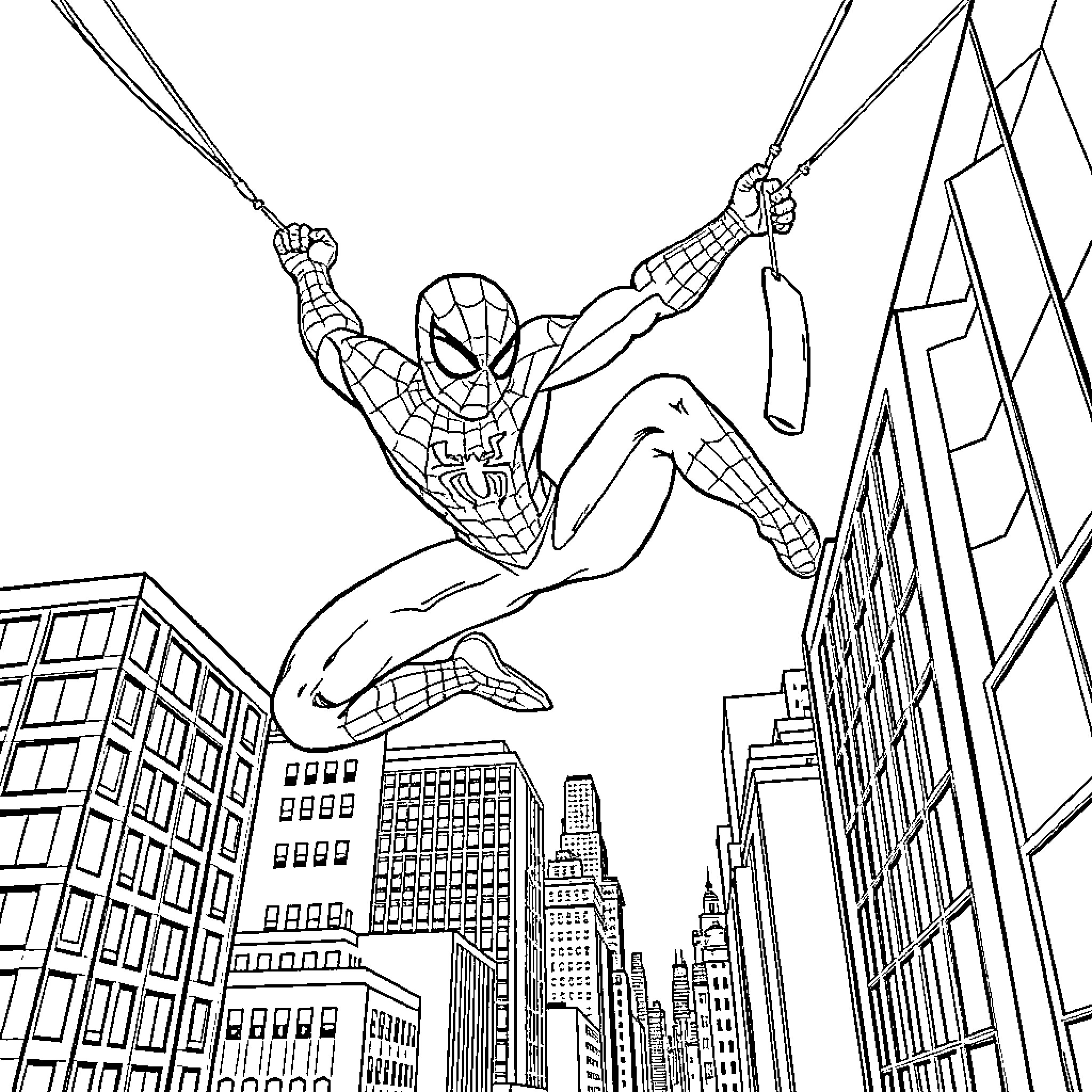 Spiderman swinging through the city skyline Coloring Page (free black-and-white line drawing printable PDF for all, from beginners to advanced learners, including children, teens, adults, and seniors)