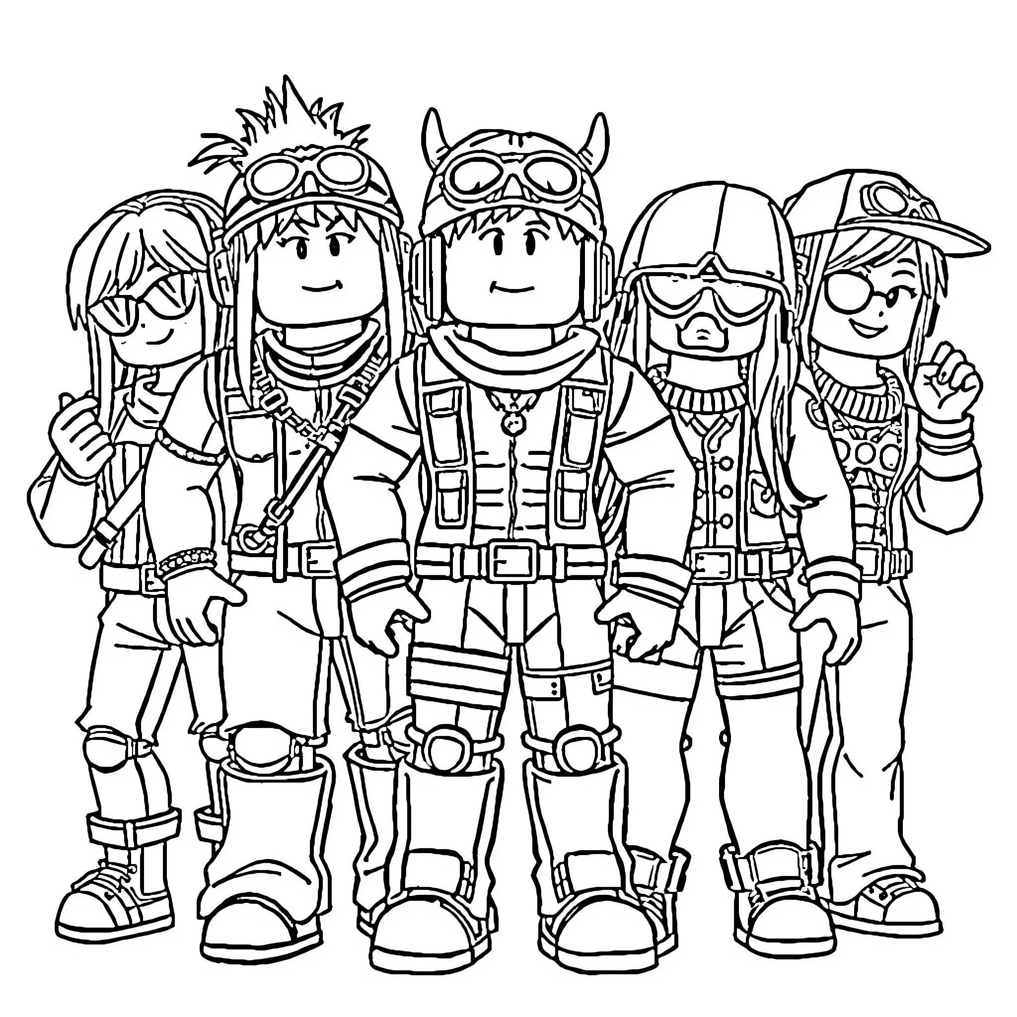 Roblox Character Group in Action Poses Coloring Page (free black-and-white line drawing printable PDF for all, from beginners to advanced learners, including children, teens, adults, and seniors)