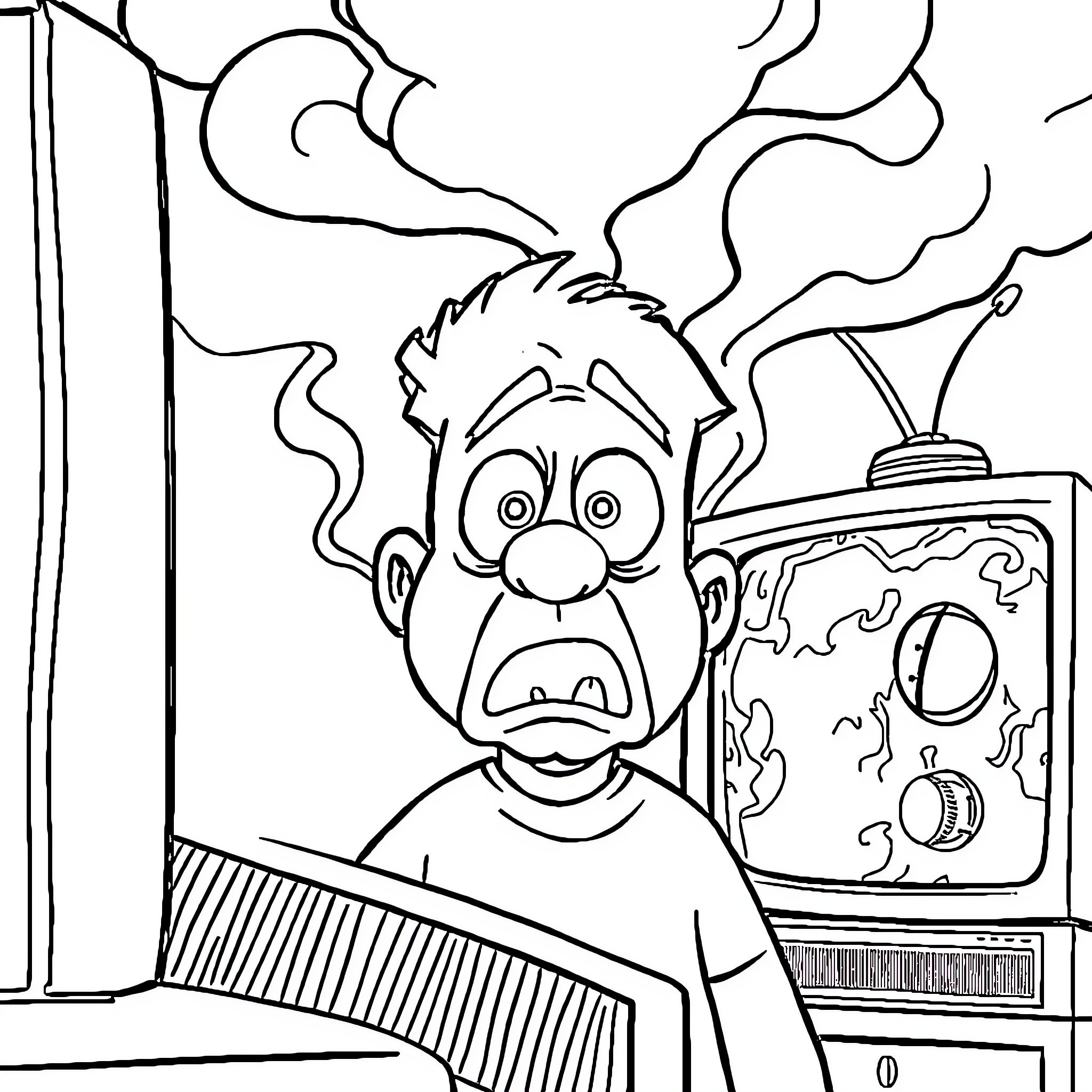 Mr Clean Causes Household Chaos with Goofy Antics Coloring Page (free black-and-white line drawing printable PDF for all, from beginners to advanced learners, including children, teens, adults, and seniors)