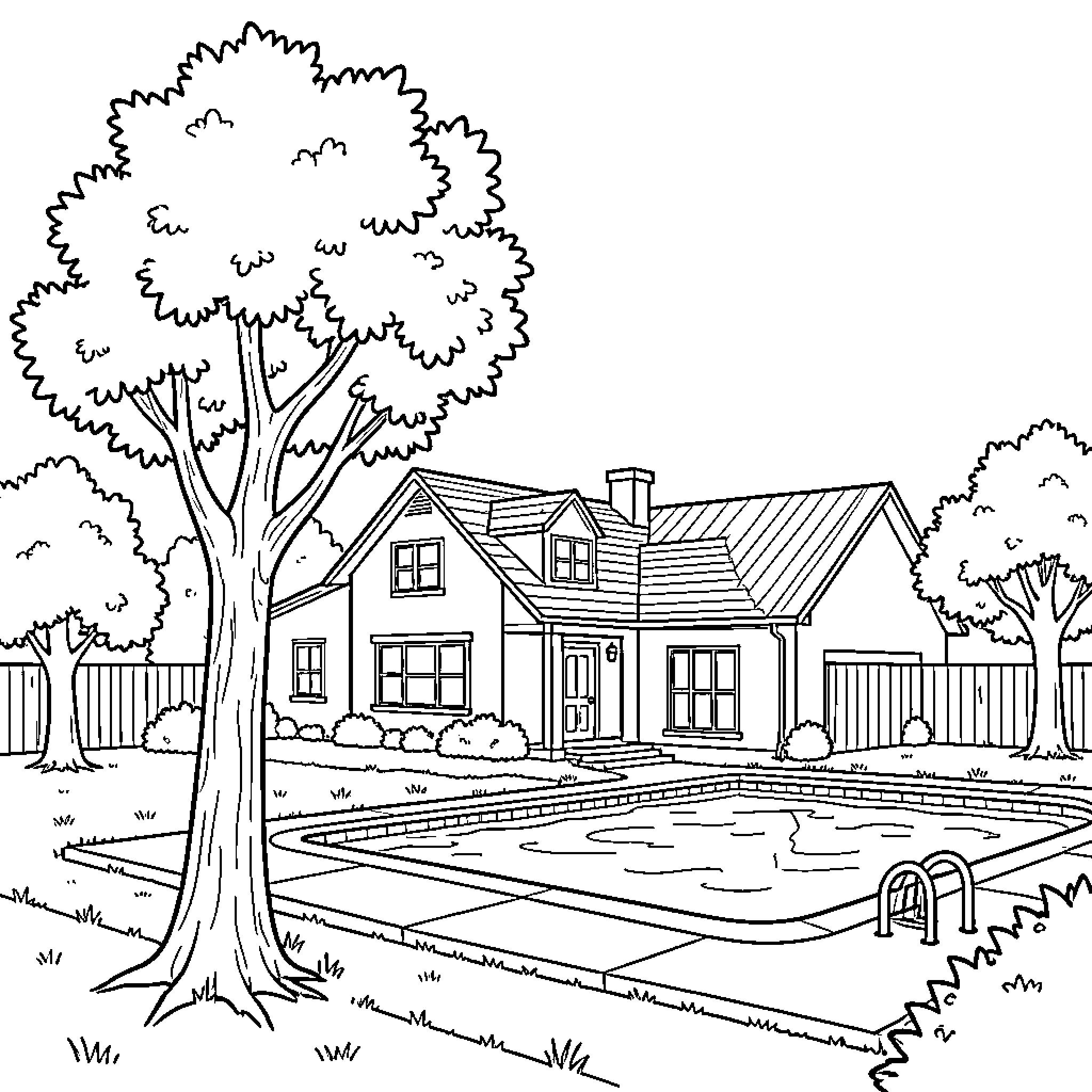 House with a swimming pool and large trees Coloring Page (free black-and-white line drawing printable PDF for all, from beginners to advanced learners, including children, teens, adults, and seniors)