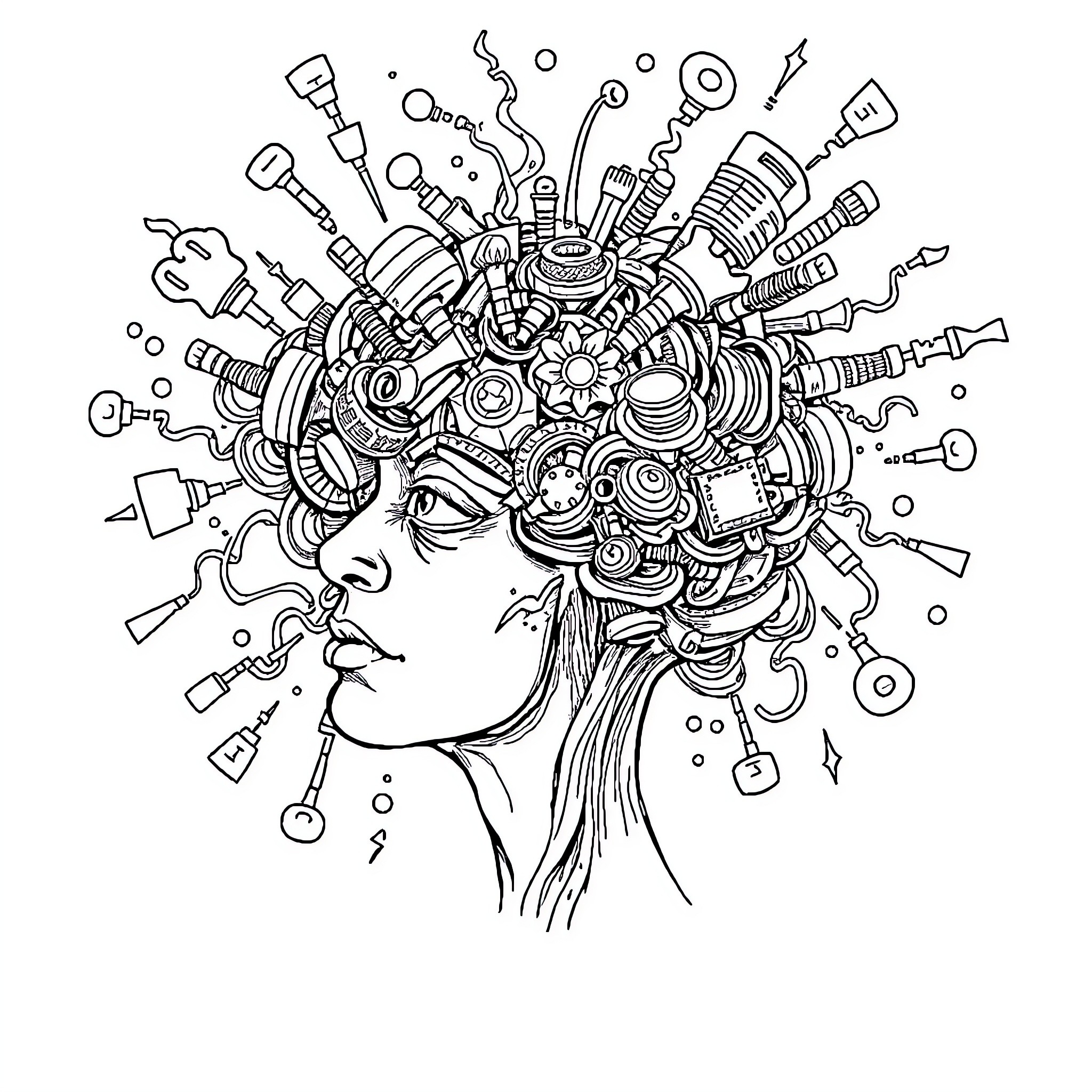 Brainrot: Surreal Chaos of Interconnected Thoughts Coloring Page (free black-and-white line drawing printable PDF for all, from beginners to advanced learners, including children, teens, adults, and seniors)