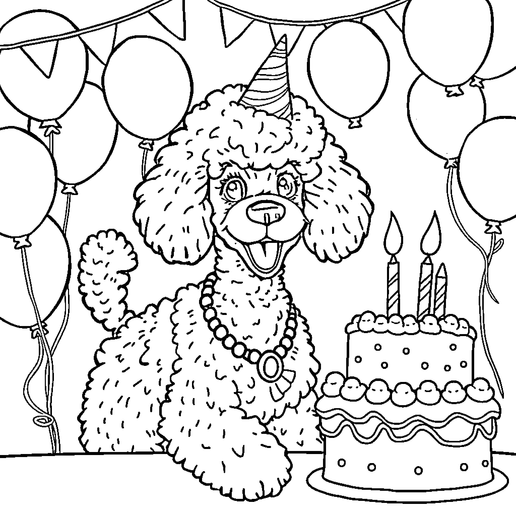 Poodle Celebrating Birthday with Cake and Balloons Coloring Page (free black-and-white line drawing printable PDF for all, from beginners to advanced learners, including children, teens, adults, and seniors)