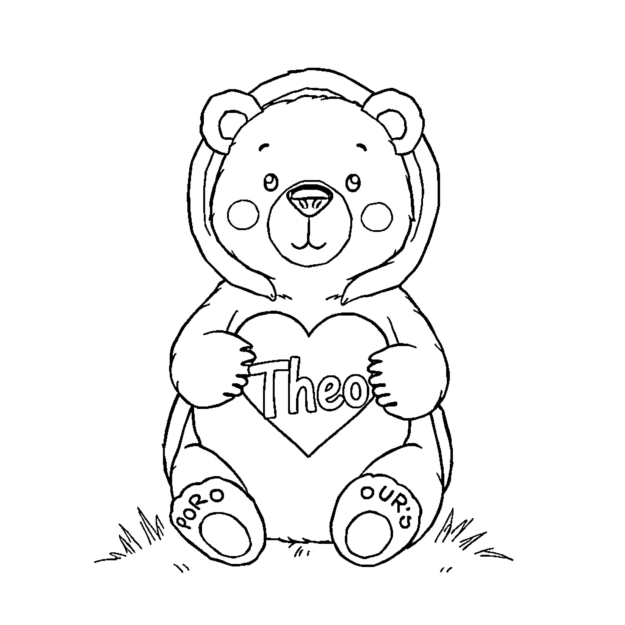 Bear holding a heart-shaped sign Coloring Page (free black-and-white line drawing printable PDF for all, from beginners to advanced learners, including children, teens, adults, and seniors)