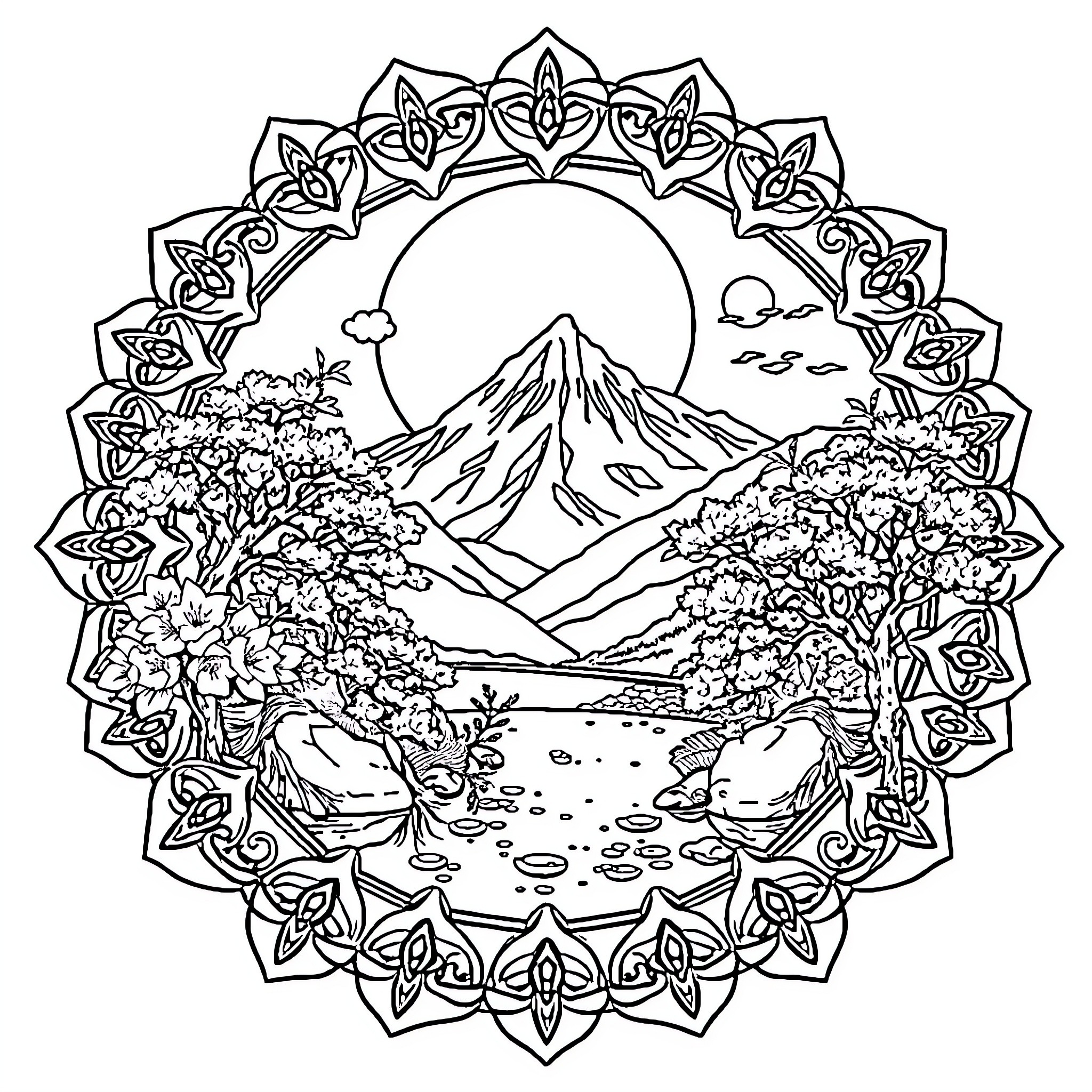 Japanese Landscape with Floral Frame and Mount Fuji Coloring Page (free black-and-white line drawing printable PDF for all, from beginners to advanced learners, including children, teens, adults, and seniors)