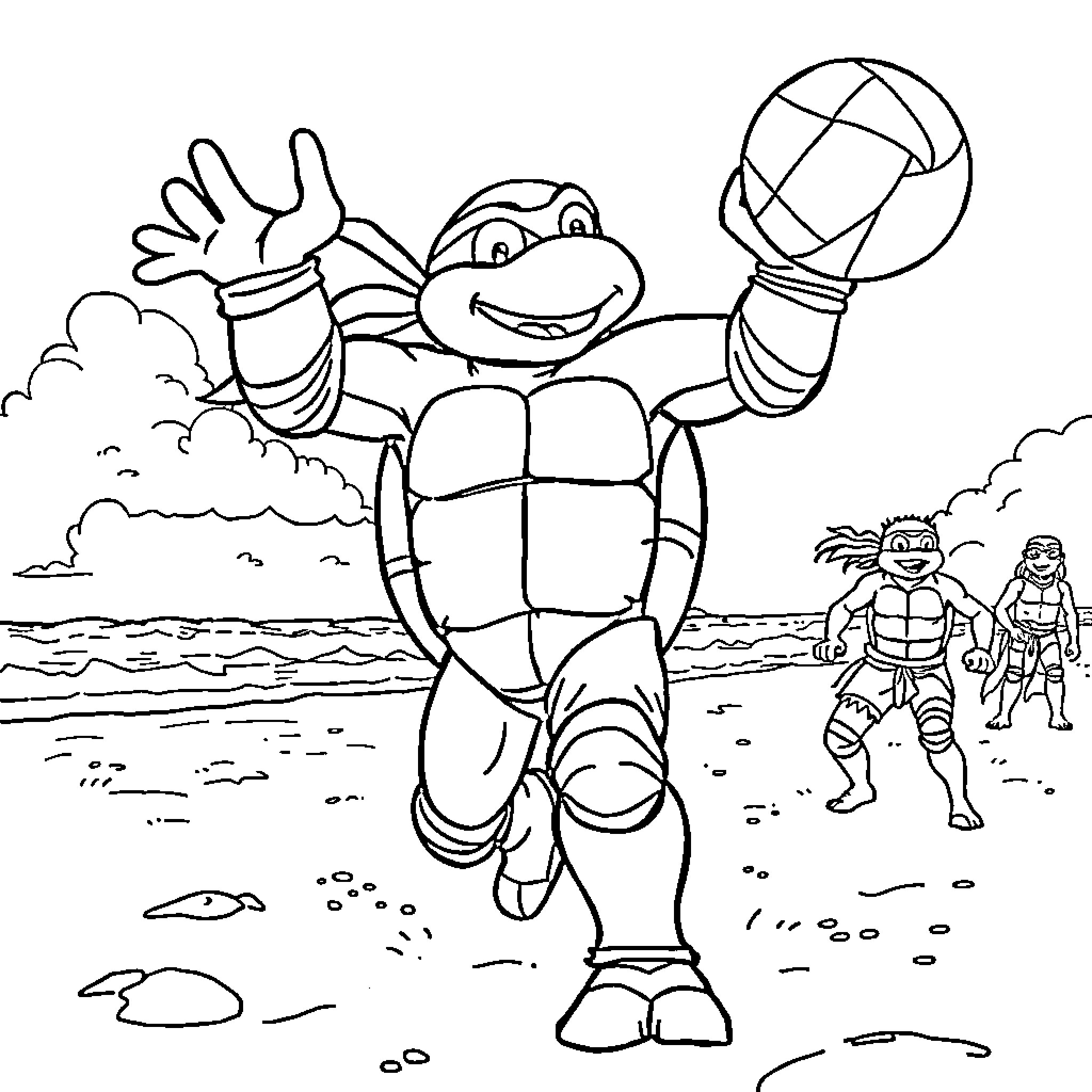 Ninja Turtle playing with a ball on the beach Coloring Page (free black-and-white line drawing printable PDF for all, from beginners to advanced learners, including children, teens, adults, and seniors)