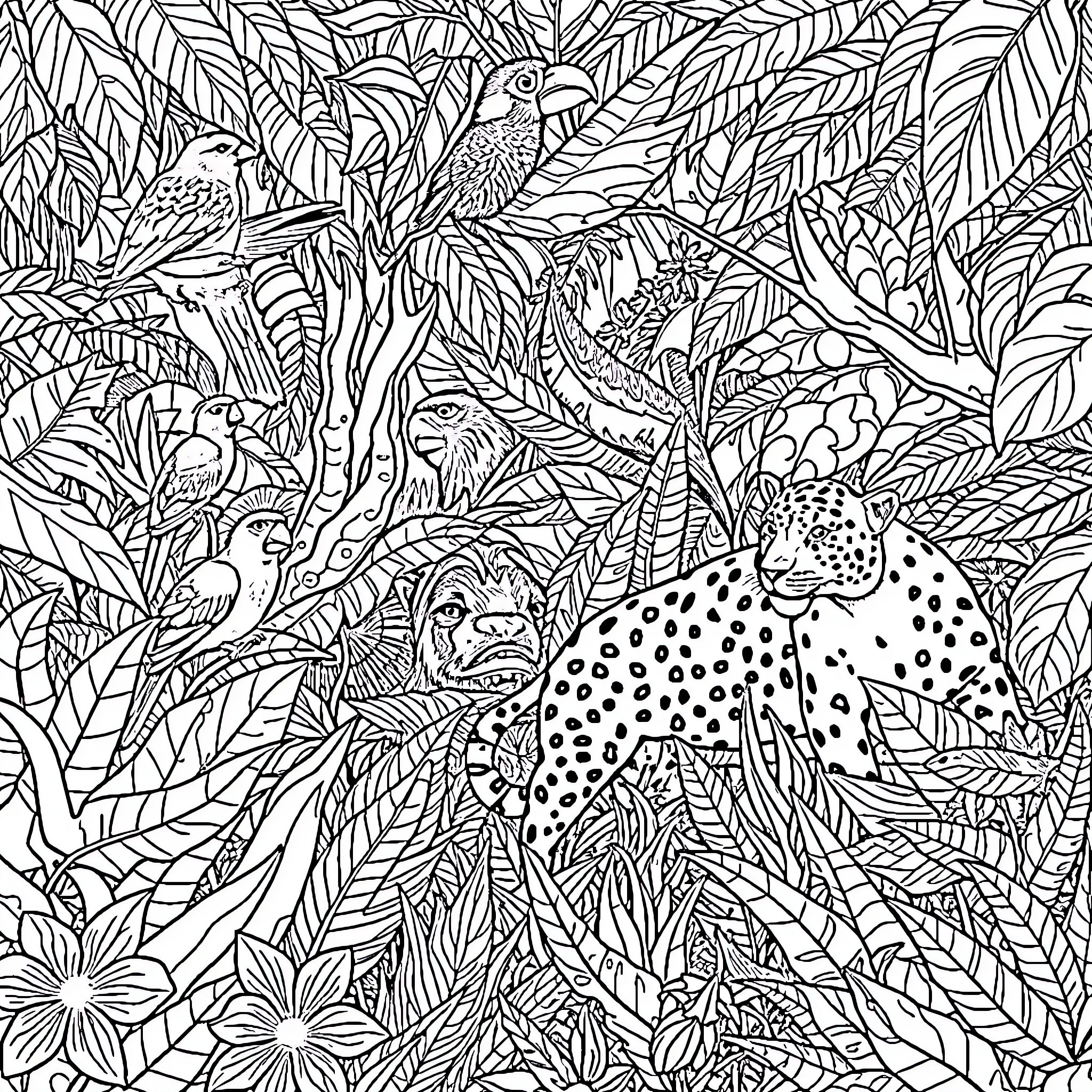 Animal Predators in Tropical Foliage Coloring Page (free black-and-white line drawing printable PDF for all, from beginners to advanced learners, including children, teens, adults, and seniors)