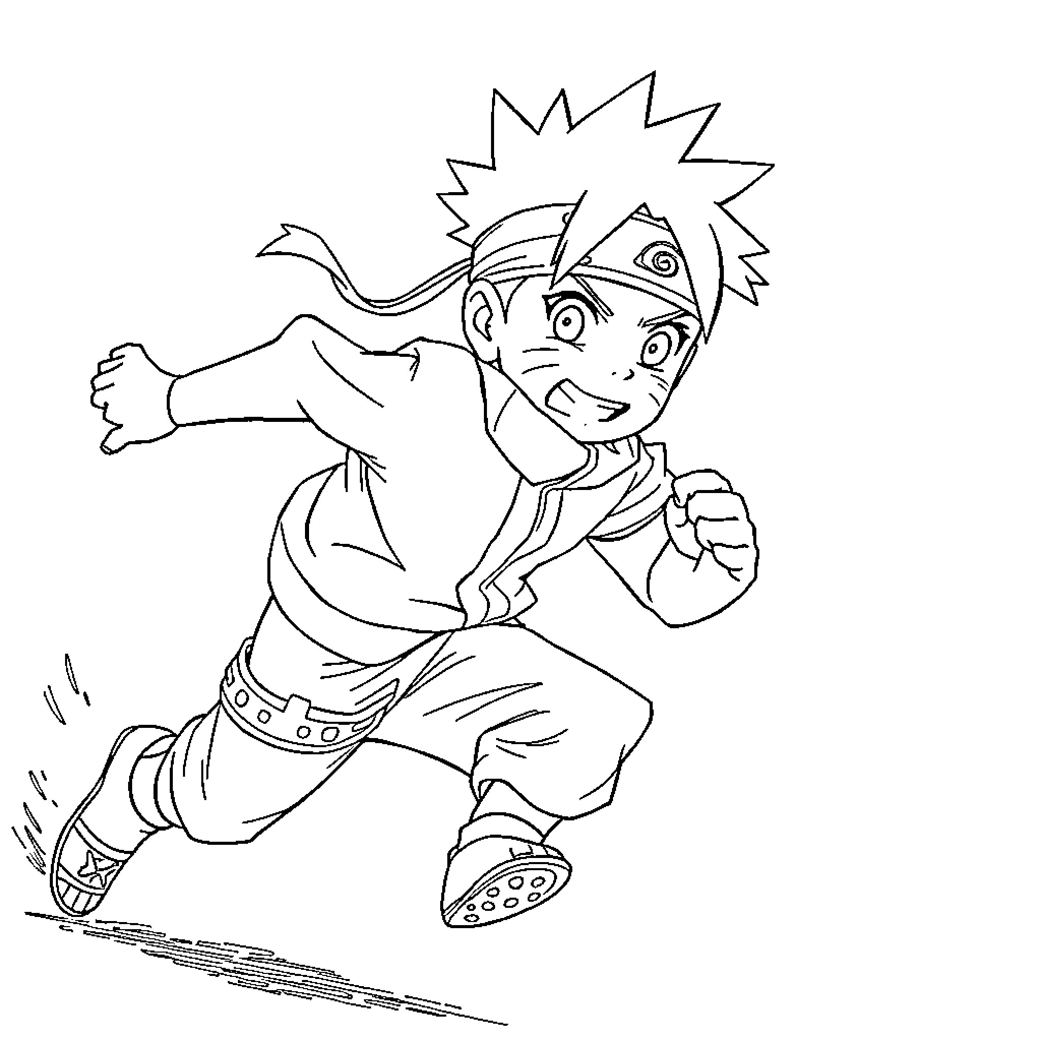 Naruto running with determined expression Coloring Page (free black-and-white line drawing printable PDF for all, from beginners to advanced learners, including children, teens, adults, and seniors)