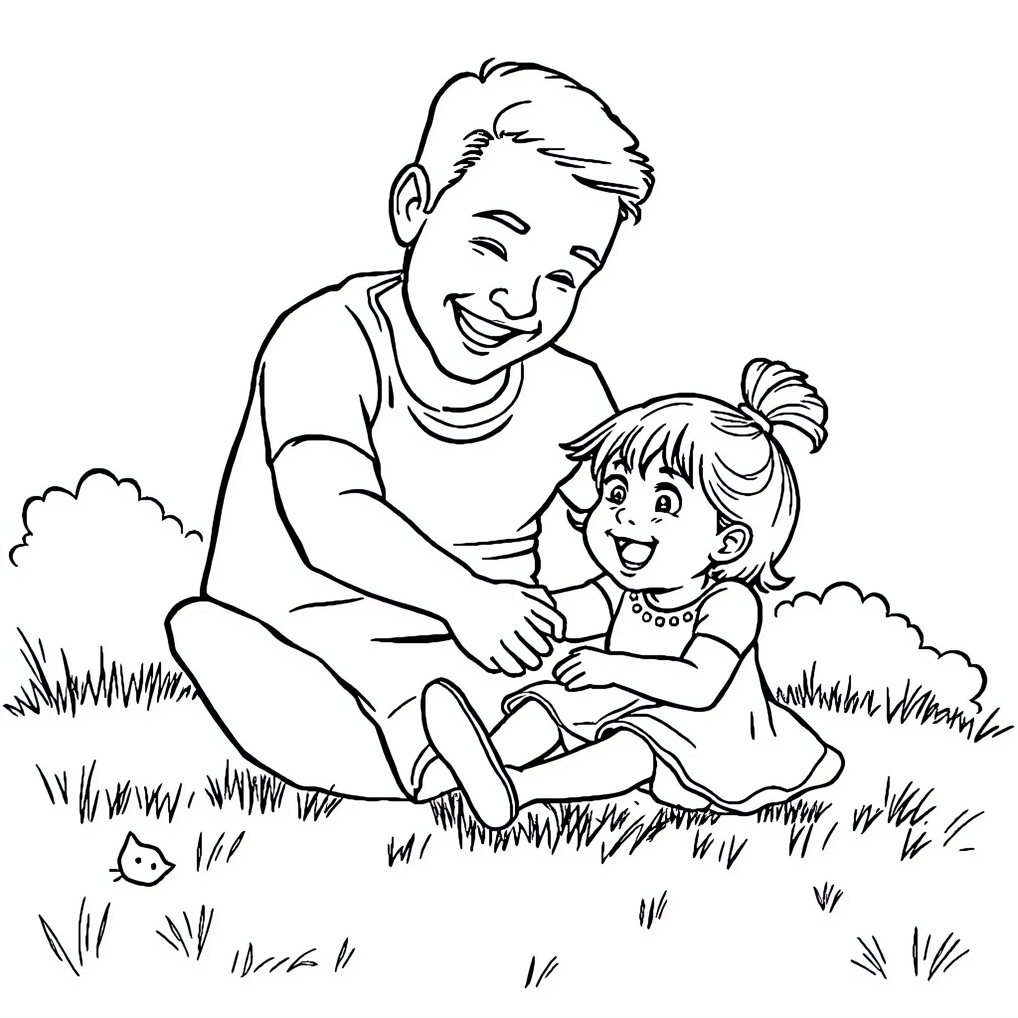 Girl and grandmother bonding in the park Coloring Page (free black-and-white line drawing printable PDF for all, from beginners to advanced learners, including children, teens, adults, and seniors)