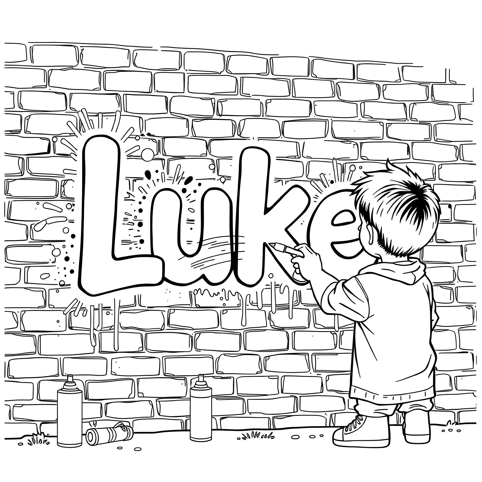 Boy spraying graffiti on the brick wall Coloring Page (free black-and-white line drawing printable PDF for all, from beginners to advanced learners, including children, teens, adults, and seniors)