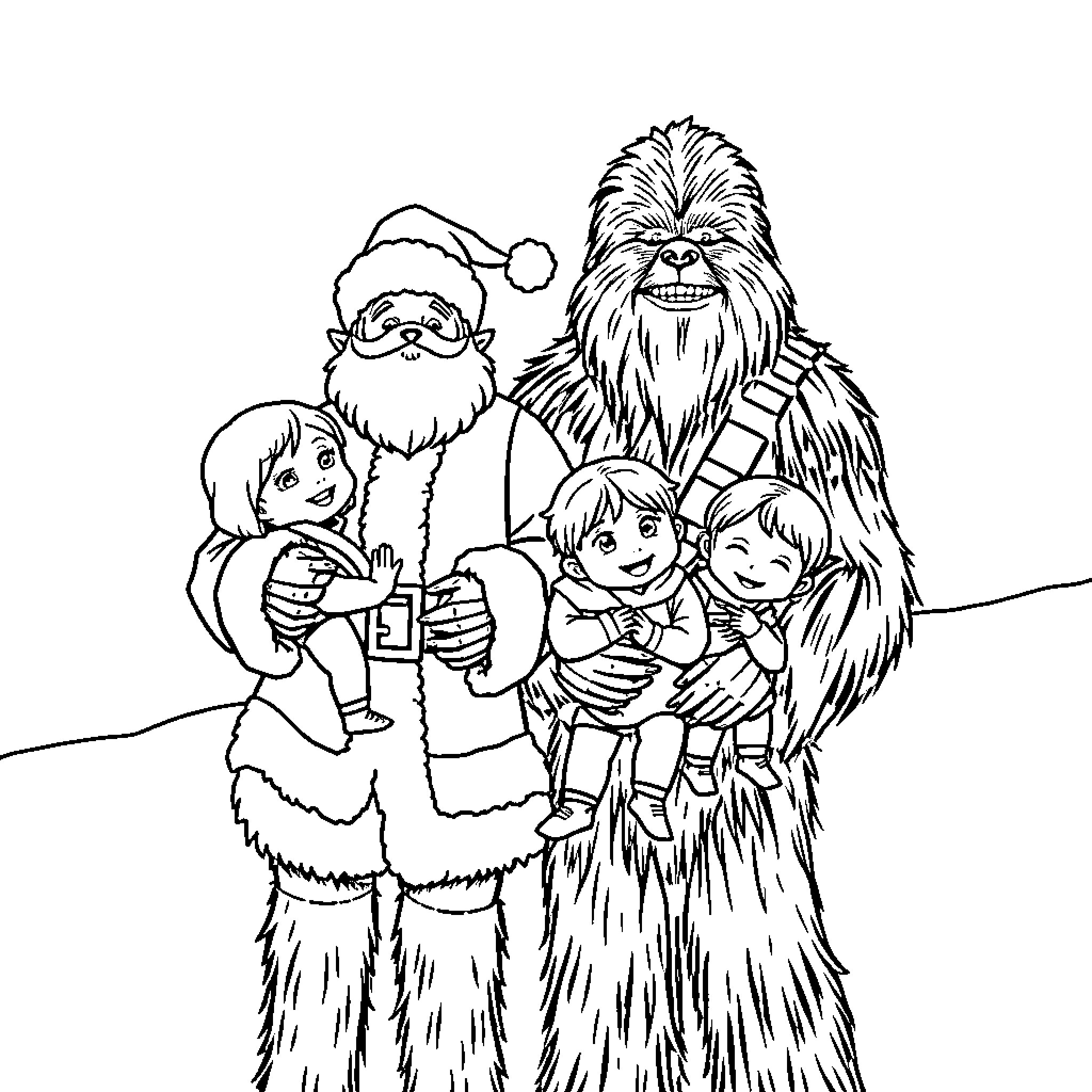 Santa Claus and Chewbacca Bring Holiday Cheer Coloring Page (free black-and-white line drawing printable PDF for all, from beginners to advanced learners, including children, teens, adults, and seniors)