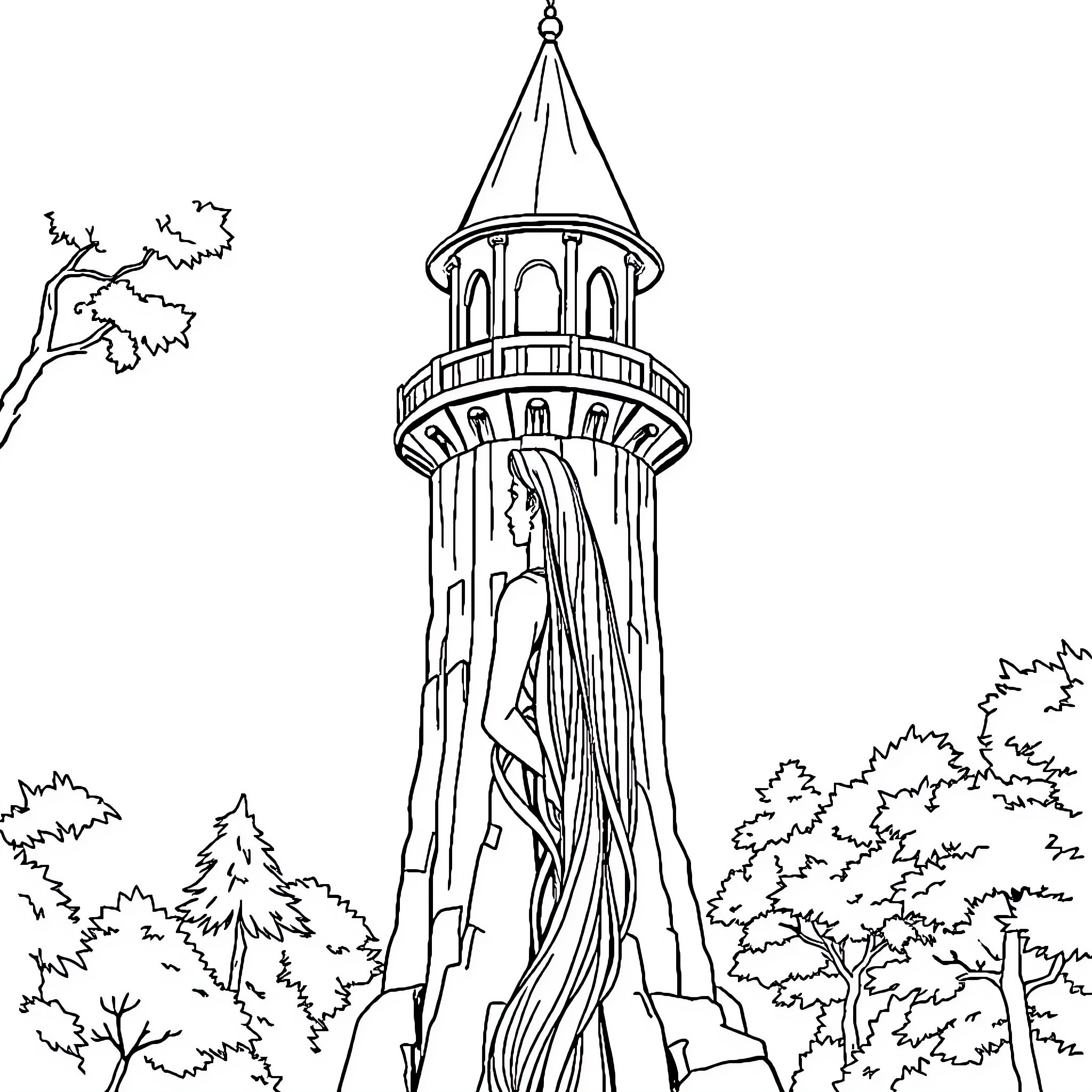 Rapunzel admiring her long hair atop the tower Coloring Page (free black-and-white line drawing printable PDF for all, from beginners to advanced learners, including children, teens, adults, and seniors)