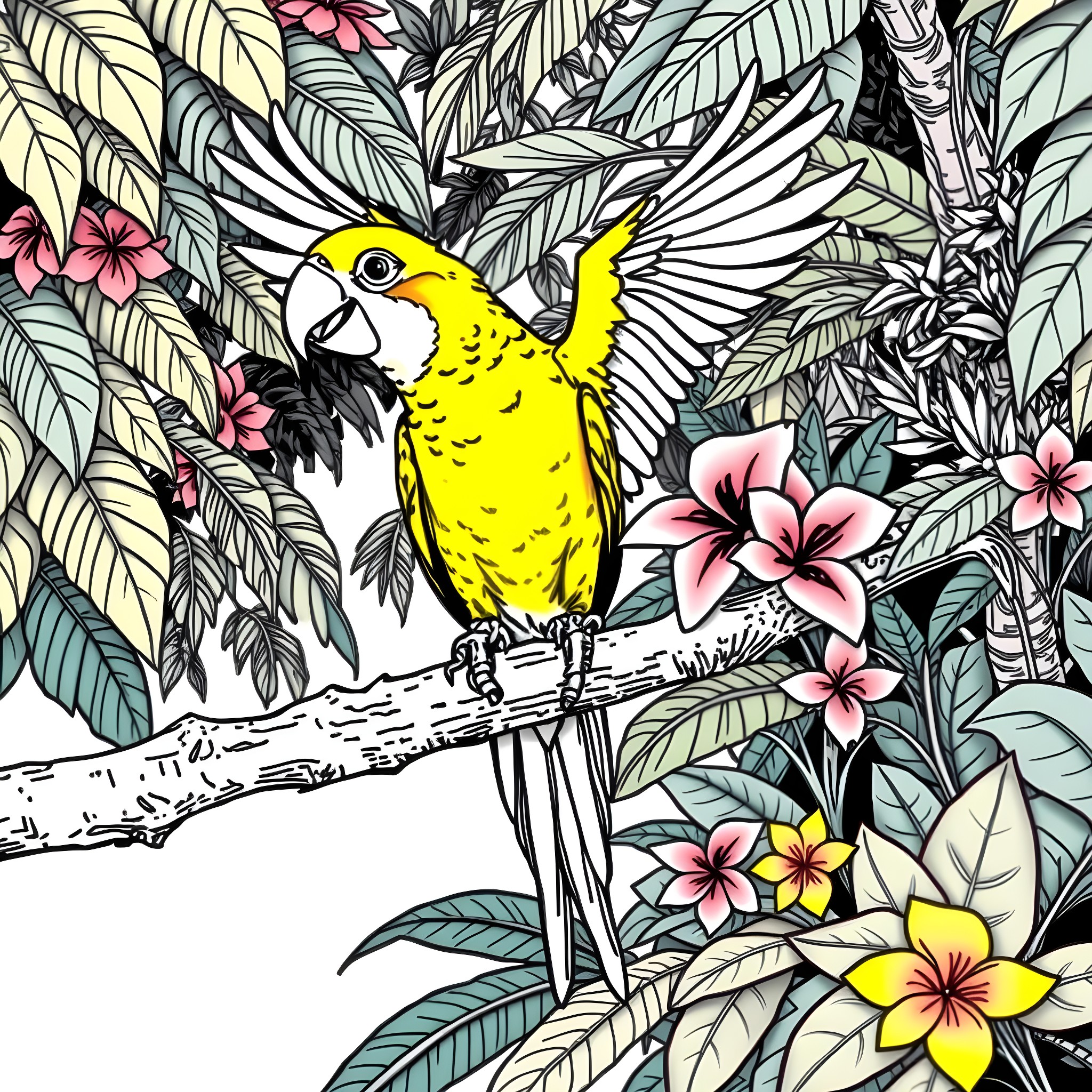 Parrot perched amid tropical foliage and flowers Coloring Page (free black-and-white line drawing printable PDF for all, from beginners to advanced learners, including children, teens, adults, and seniors)