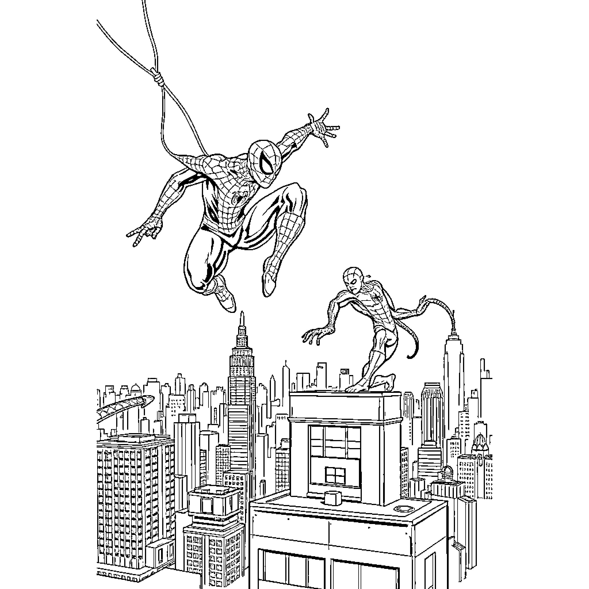 Spiderman heroically swinging over the city skyline Coloring Page (free black-and-white line drawing printable PDF for all, from beginners to advanced learners, including children, teens, adults, and seniors)