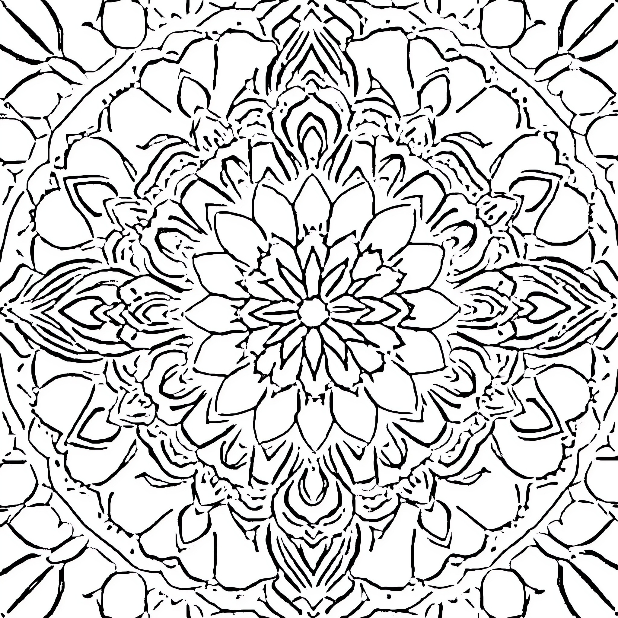 Mandala of intricate floral patterns Coloring Page (free black-and-white line drawing printable PDF for all, from beginners to advanced learners, including children, teens, adults, and seniors)