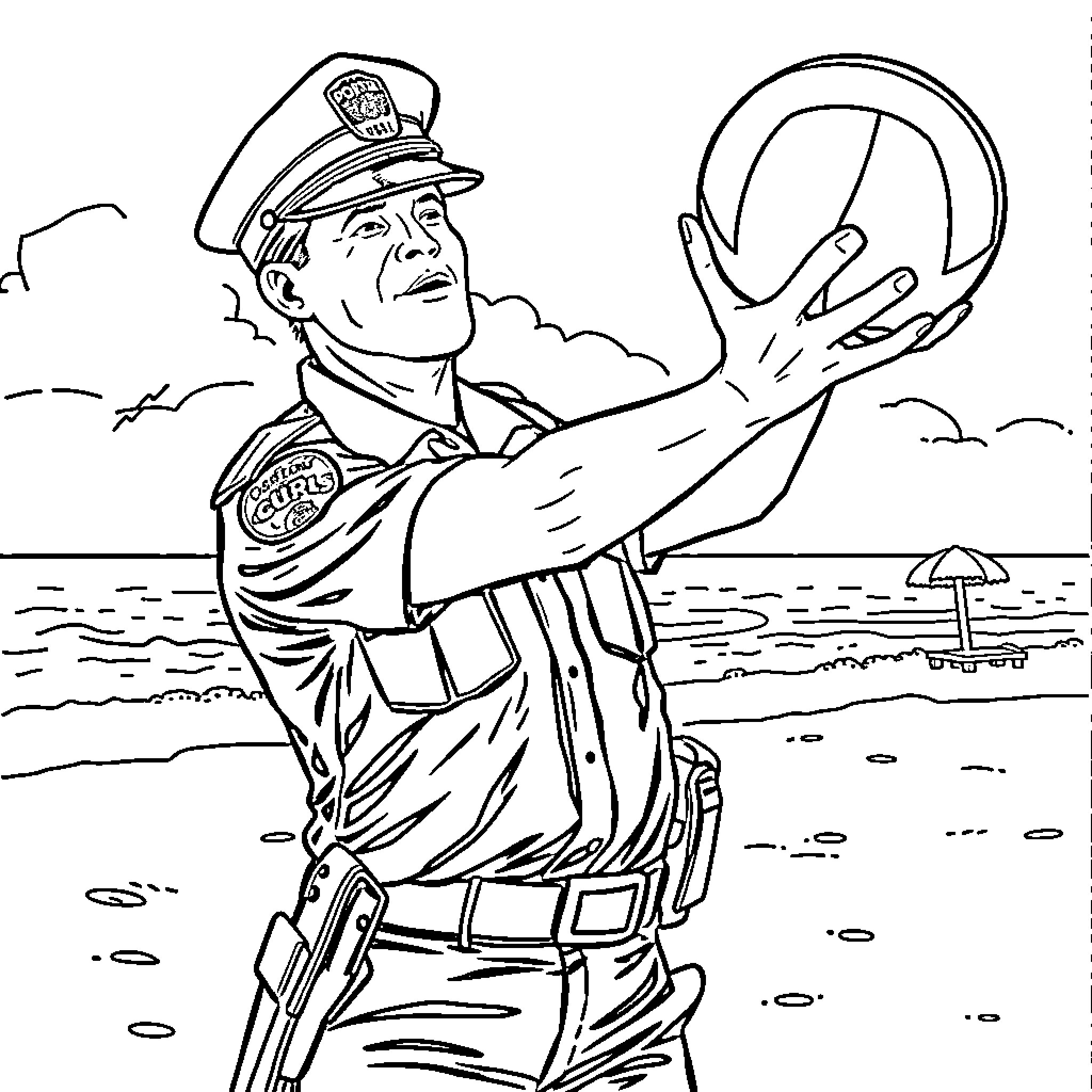 Police Officer directing traffic on the beach Coloring Page (free black-and-white line drawing printable PDF for all, from beginners to advanced learners, including children, teens, adults, and seniors)