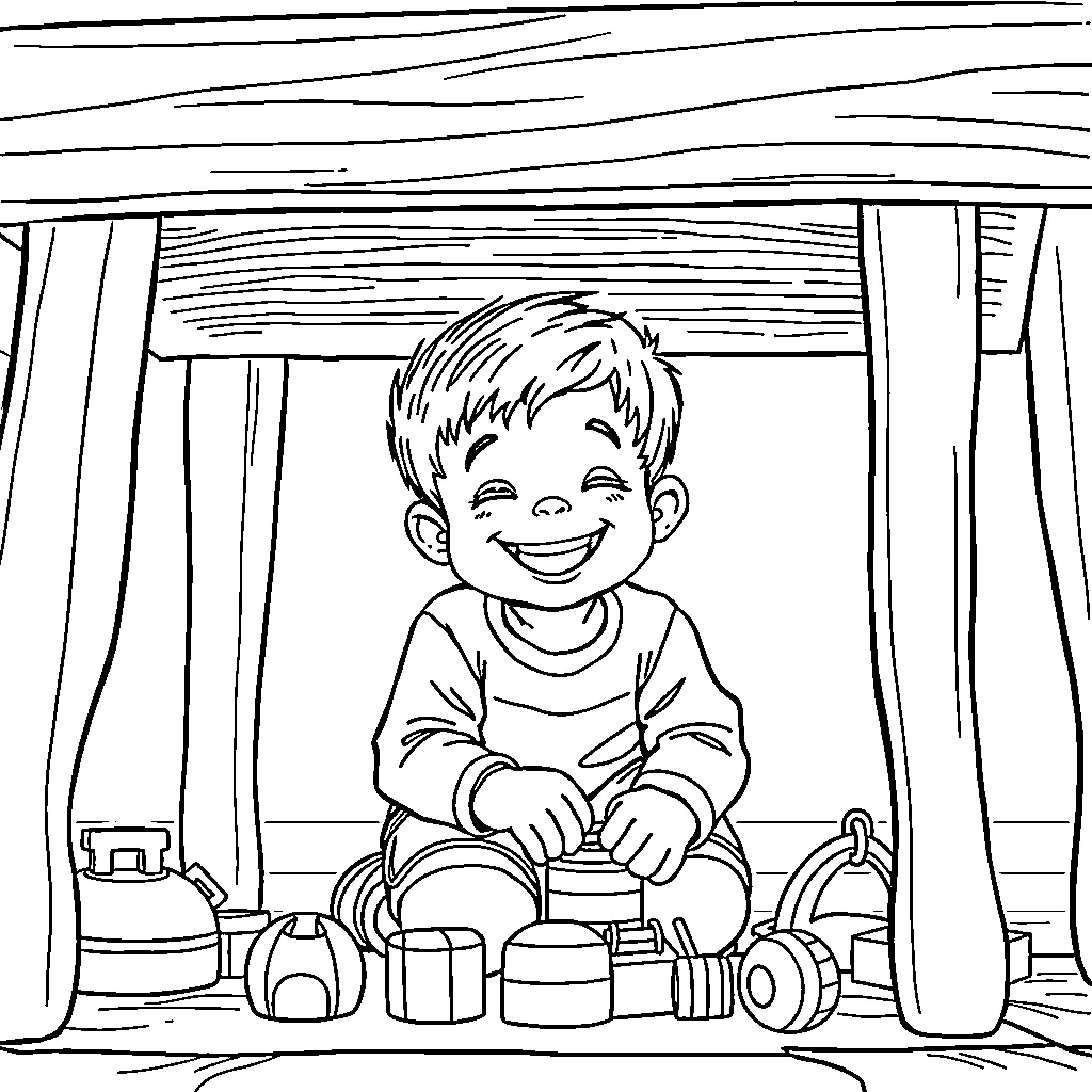 Boy playing joyfully with toys in a cozy room Coloring Page (free black-and-white line drawing printable PDF for all, from beginners to advanced learners, including children, teens, adults, and seniors)