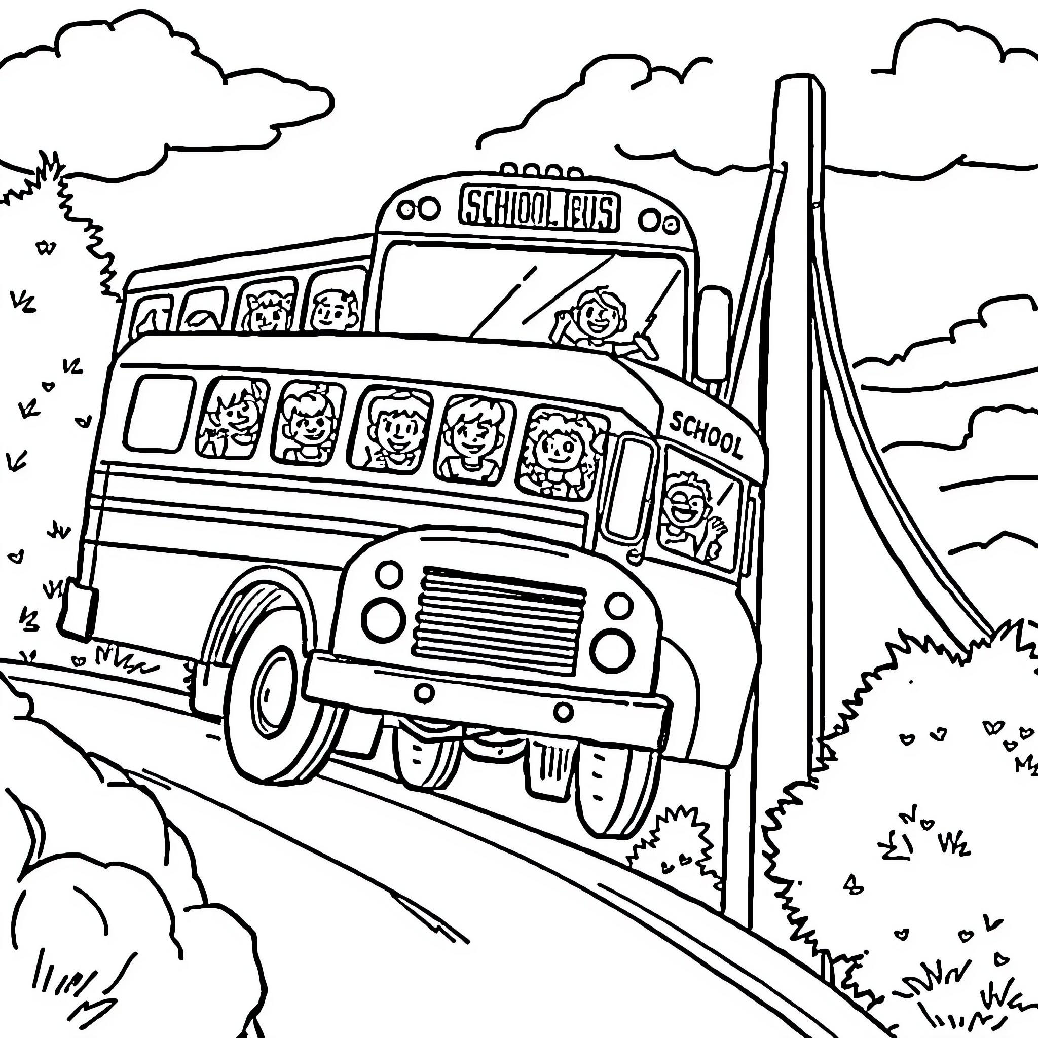 Bus transporting happy students on a country road Coloring Page (free black-and-white line drawing printable PDF for all, from beginners to advanced learners, including children, teens, adults, and seniors)