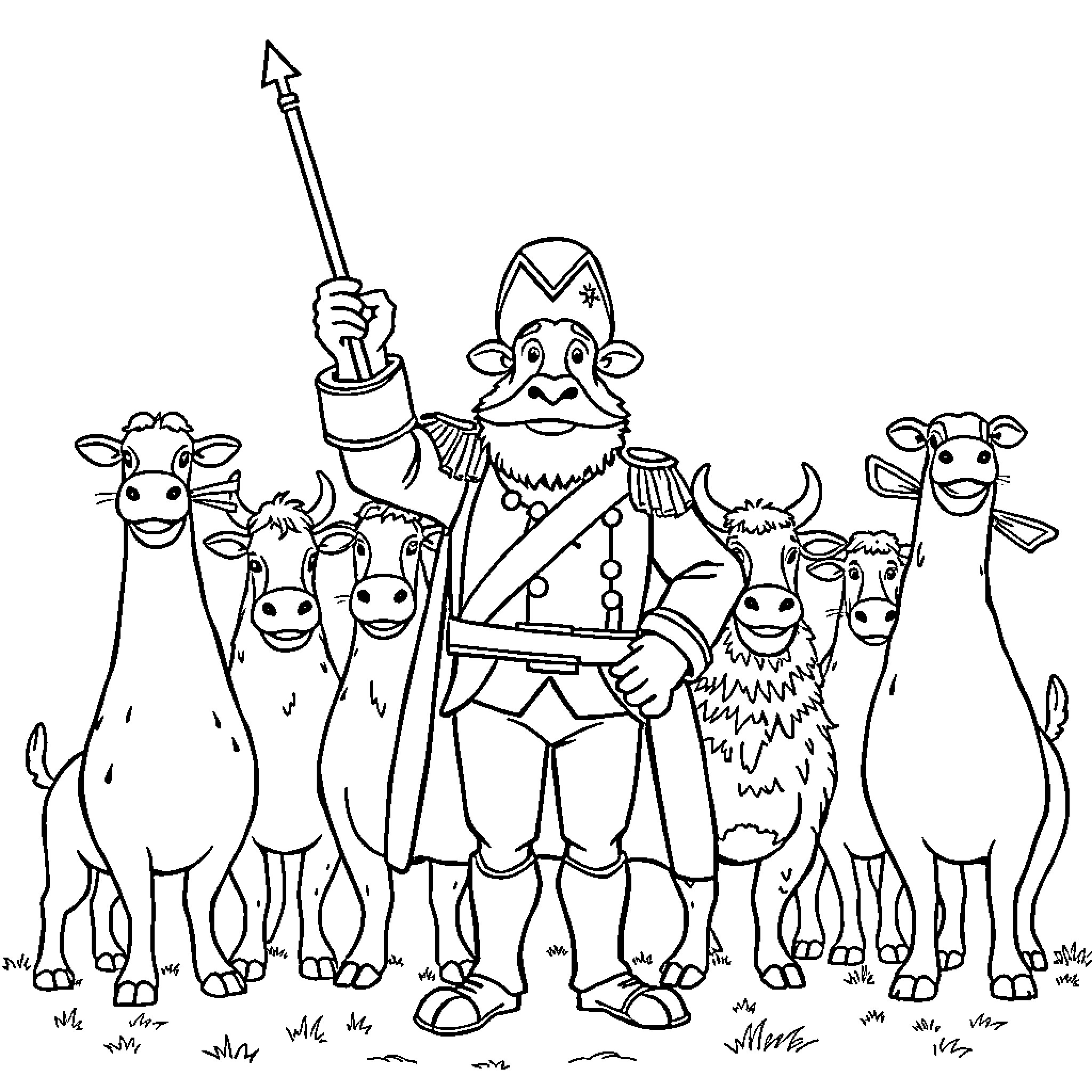 Napoleon Commanding His Army of Colorful Livestock Coloring Page (free black-and-white line drawing printable PDF for all, from beginners to advanced learners, including children, teens, adults, and seniors)