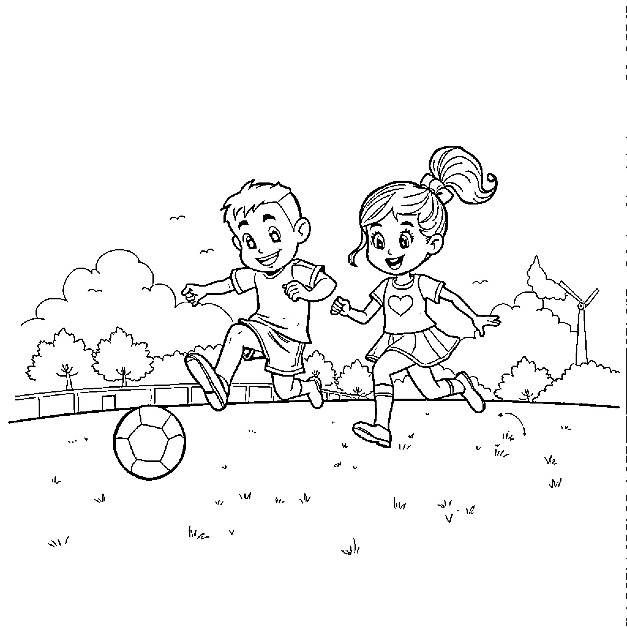 Bluey and Bingo playing happily outdoors Coloring Page (free black-and-white line drawing printable PDF for all, from beginners to advanced learners, including children, teens, adults, and seniors)