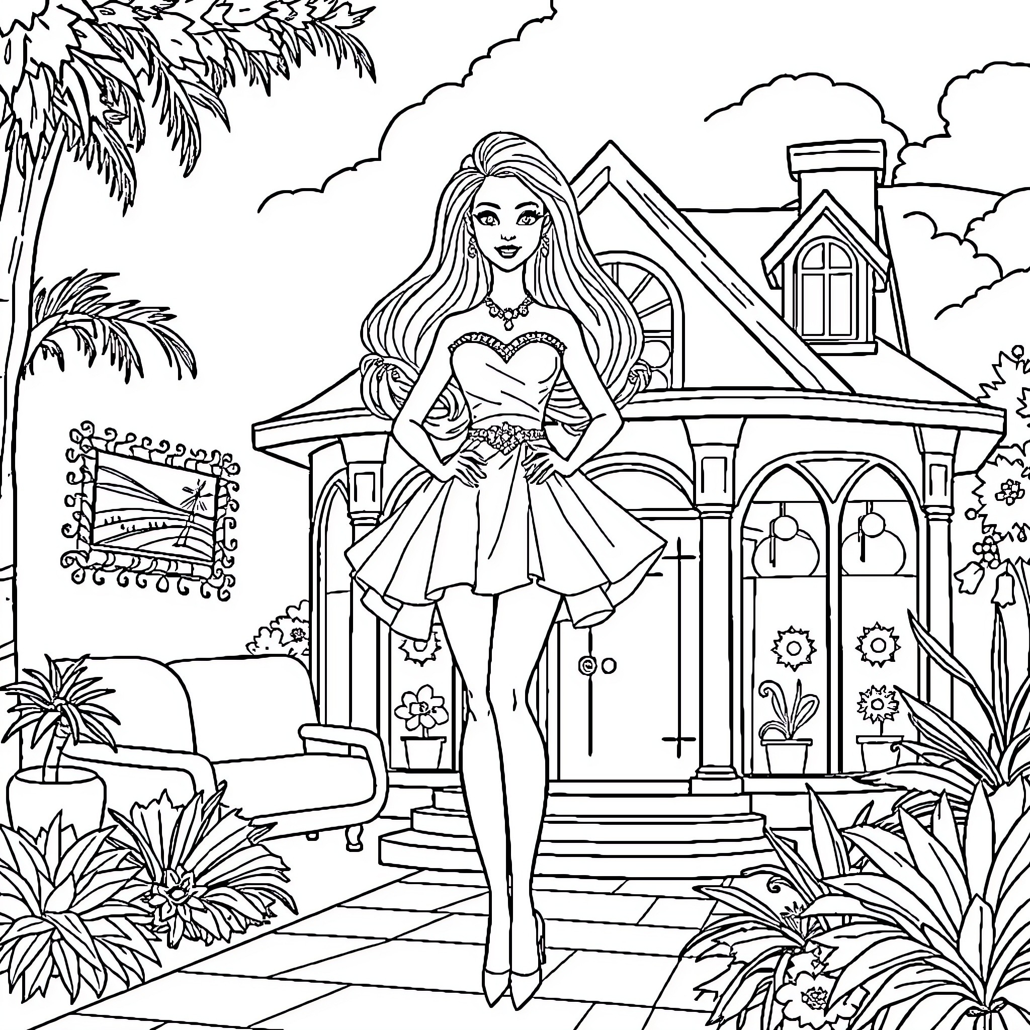 Barbie posing elegantly in front of a Victorian-style house Coloring Page (free black-and-white line drawing printable PDF for all, from beginners to advanced learners, including children, teens, adults, and seniors)