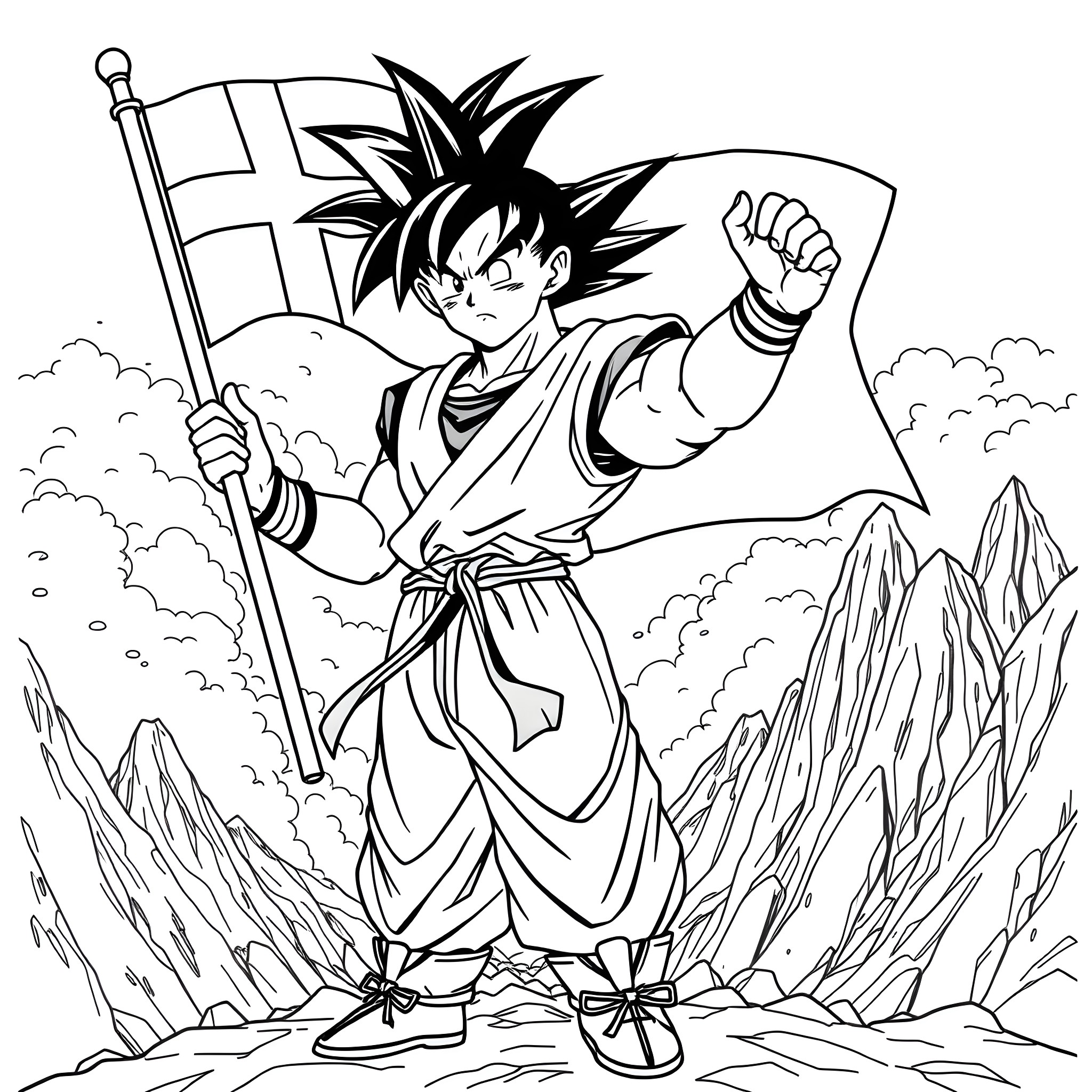 Son Goku strikes a heroic pose with flag Coloring Page (free black-and-white line drawing printable PDF for all, from beginners to advanced learners, including children, teens, adults, and seniors)