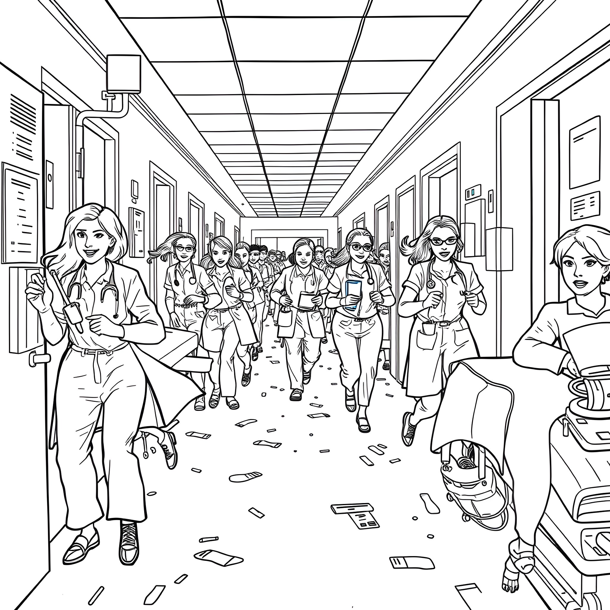 Nurse Professionals Bustling Through Hospital Halls Coloring Page (free black-and-white line drawing printable PDF for all, from beginners to advanced learners, including children, teens, adults, and seniors)