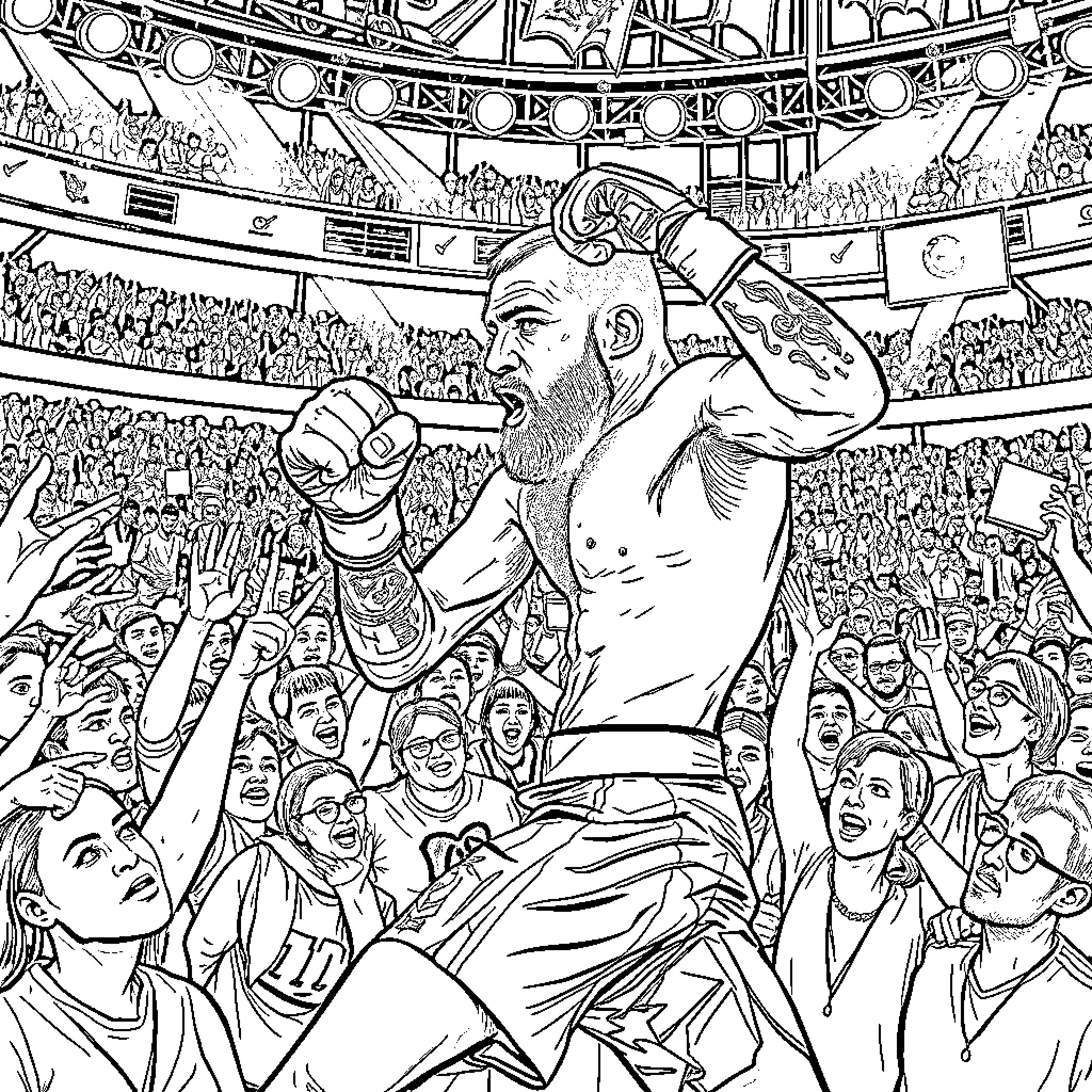 Connor McGregor in an intense fighting match with the crowd Coloring Page (free black-and-white line drawing printable PDF for all, from beginners to advanced learners, including children, teens, adults, and seniors)