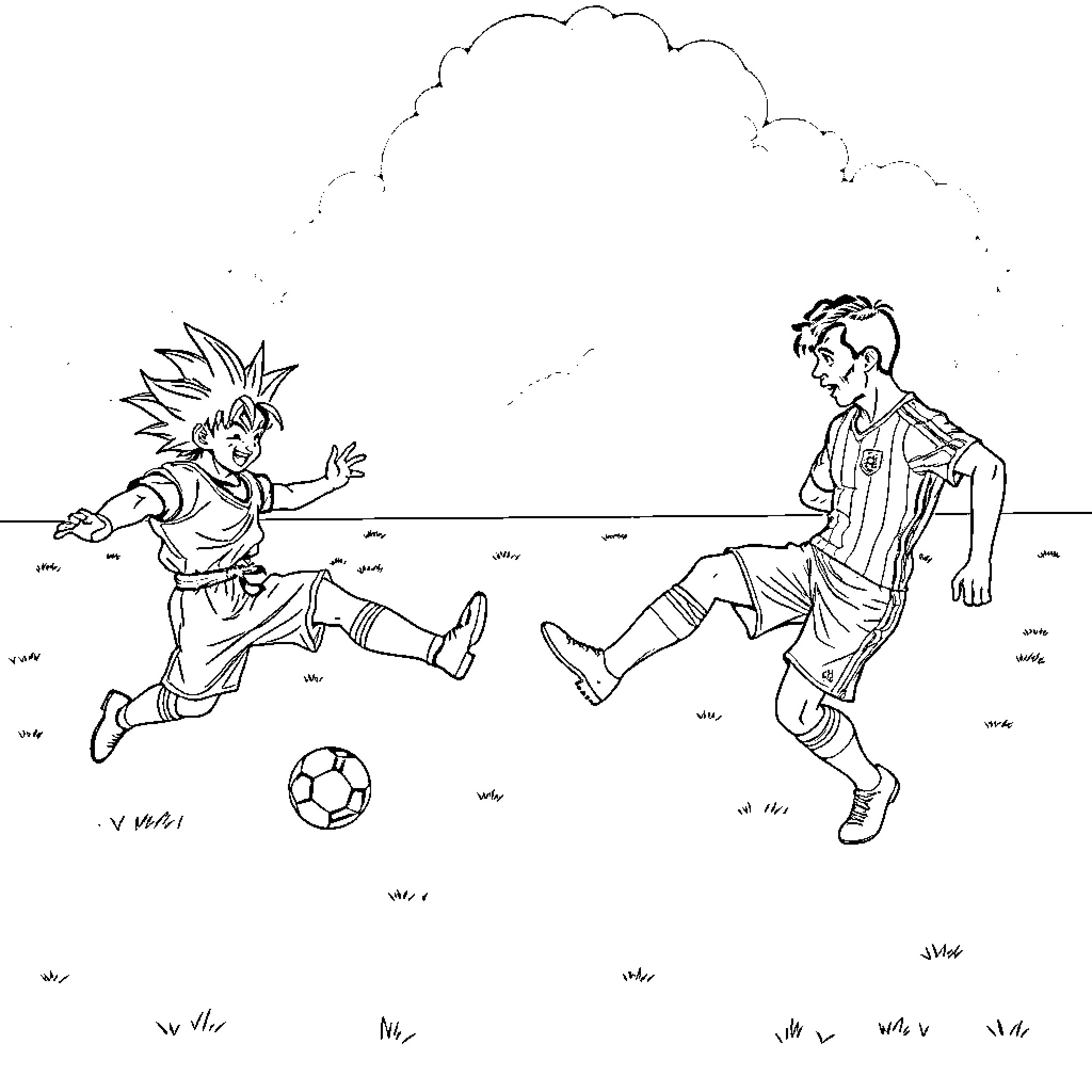 Goku and friend playing soccer in the field Coloring Page (free black-and-white line drawing printable PDF for all, from beginners to advanced learners, including children, teens, adults, and seniors)