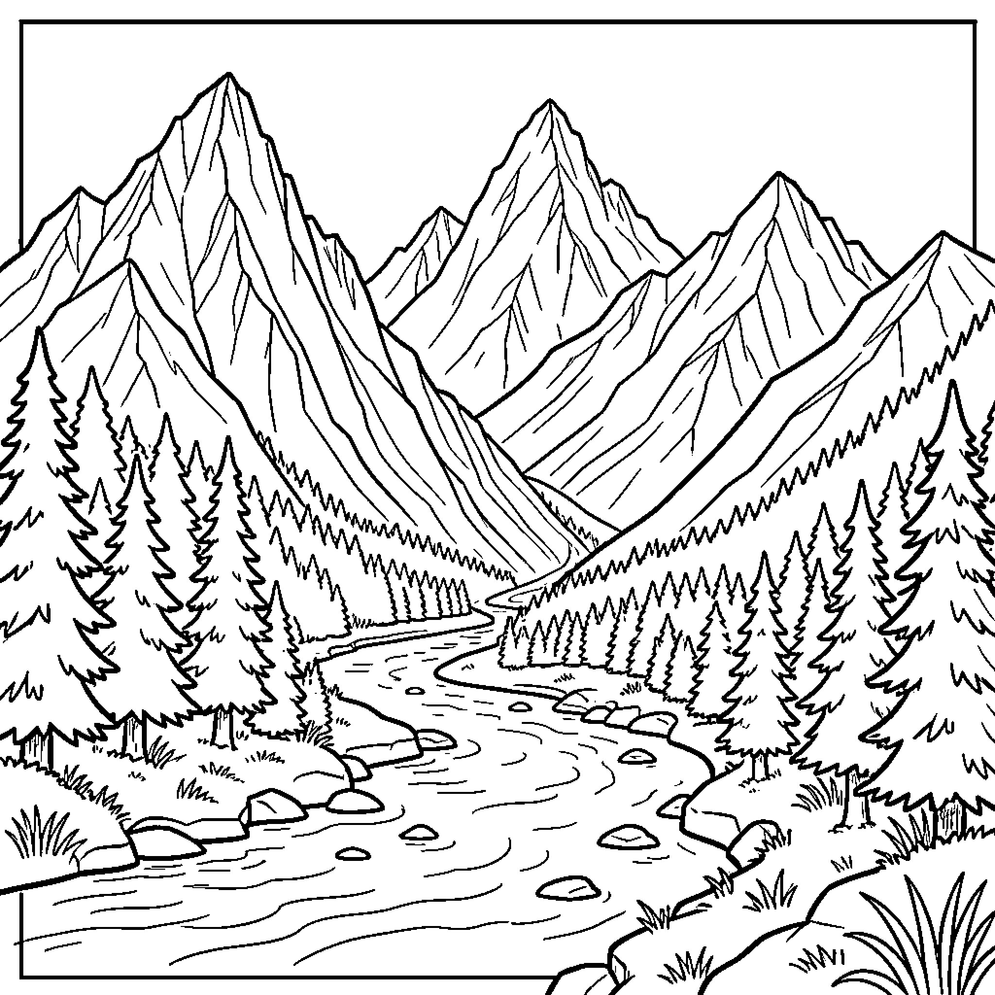 Mountain scenery with winding river and pine trees Coloring Page (free black-and-white line drawing printable PDF for all, from beginners to advanced learners, including children, teens, adults, and seniors)