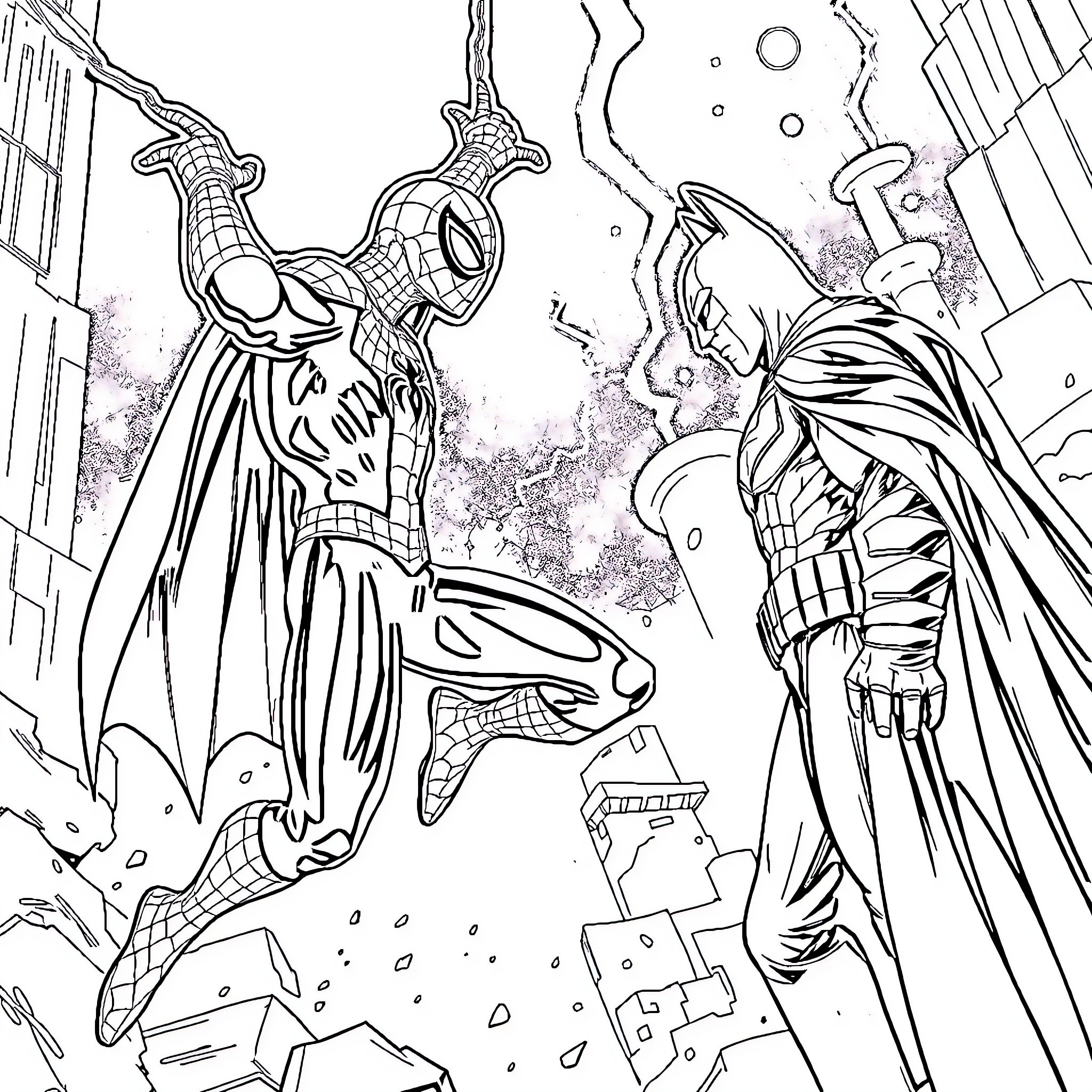 Spider-Man battles a mysterious villain in the city Coloring Page (free black-and-white line drawing printable PDF for all, from beginners to advanced learners, including children, teens, adults, and seniors)