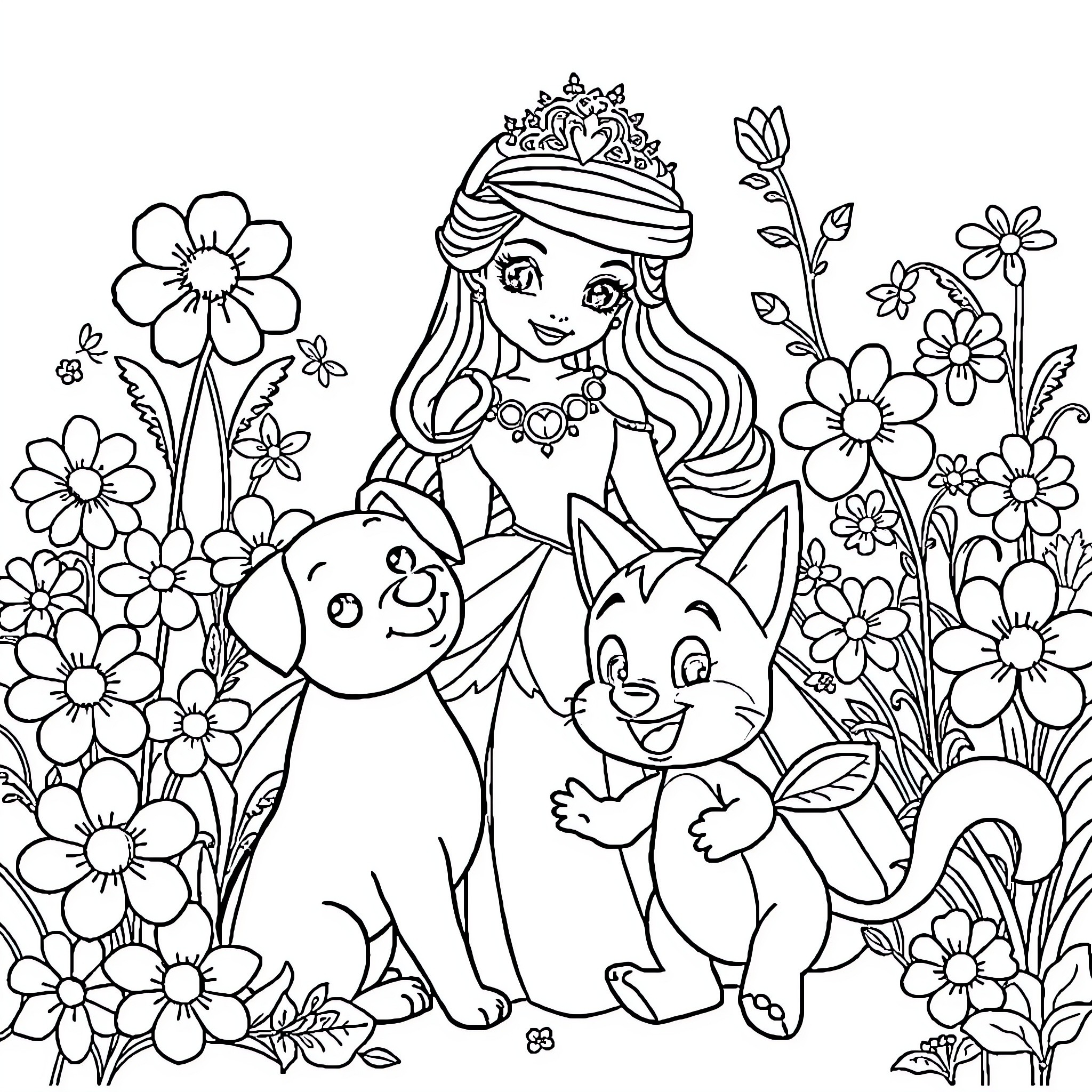 Dog and Cat Playing with Princess in Flower Garden Coloring Page (free black-and-white line drawing printable PDF for all, from beginners to advanced learners, including children, teens, adults, and seniors)