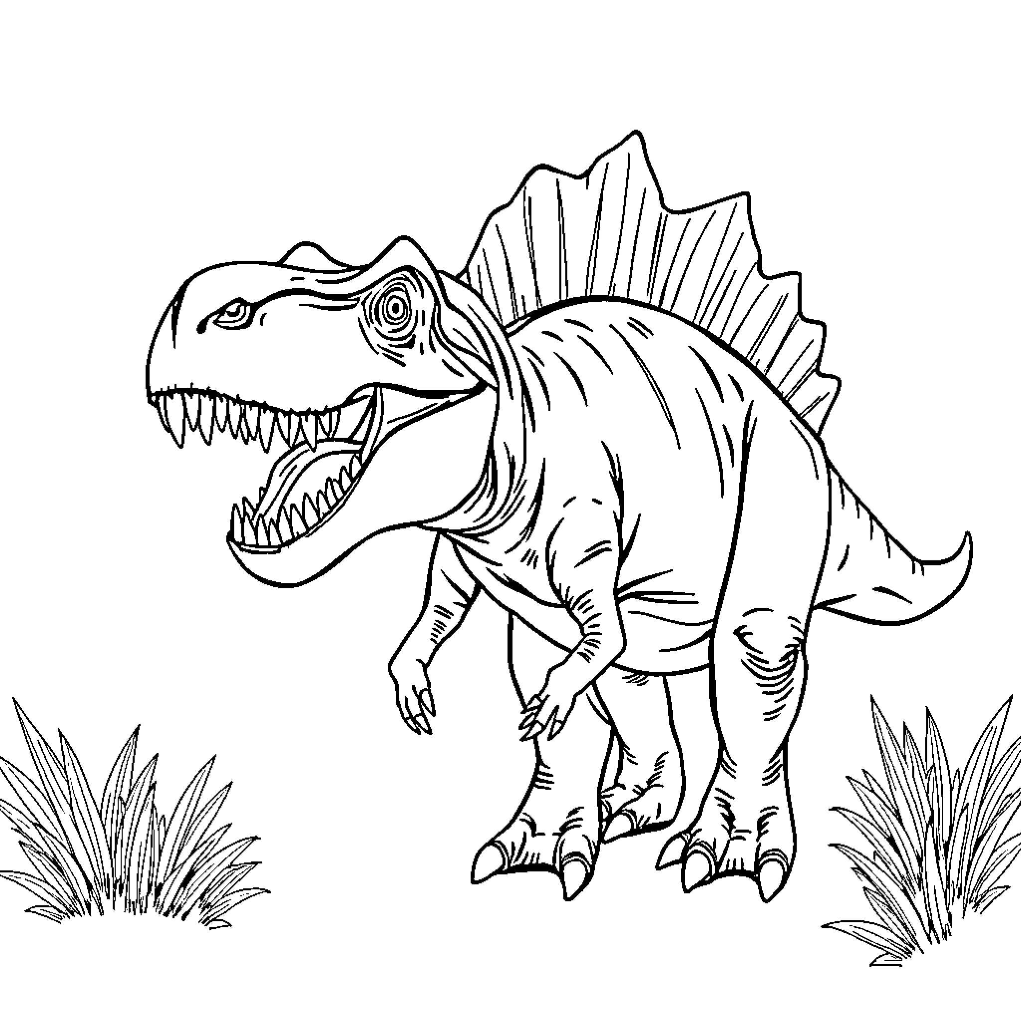 Allosaurus hunting in the wild Coloring Page (free black-and-white line drawing printable PDF for all, from beginners to advanced learners, including children, teens, adults, and seniors)